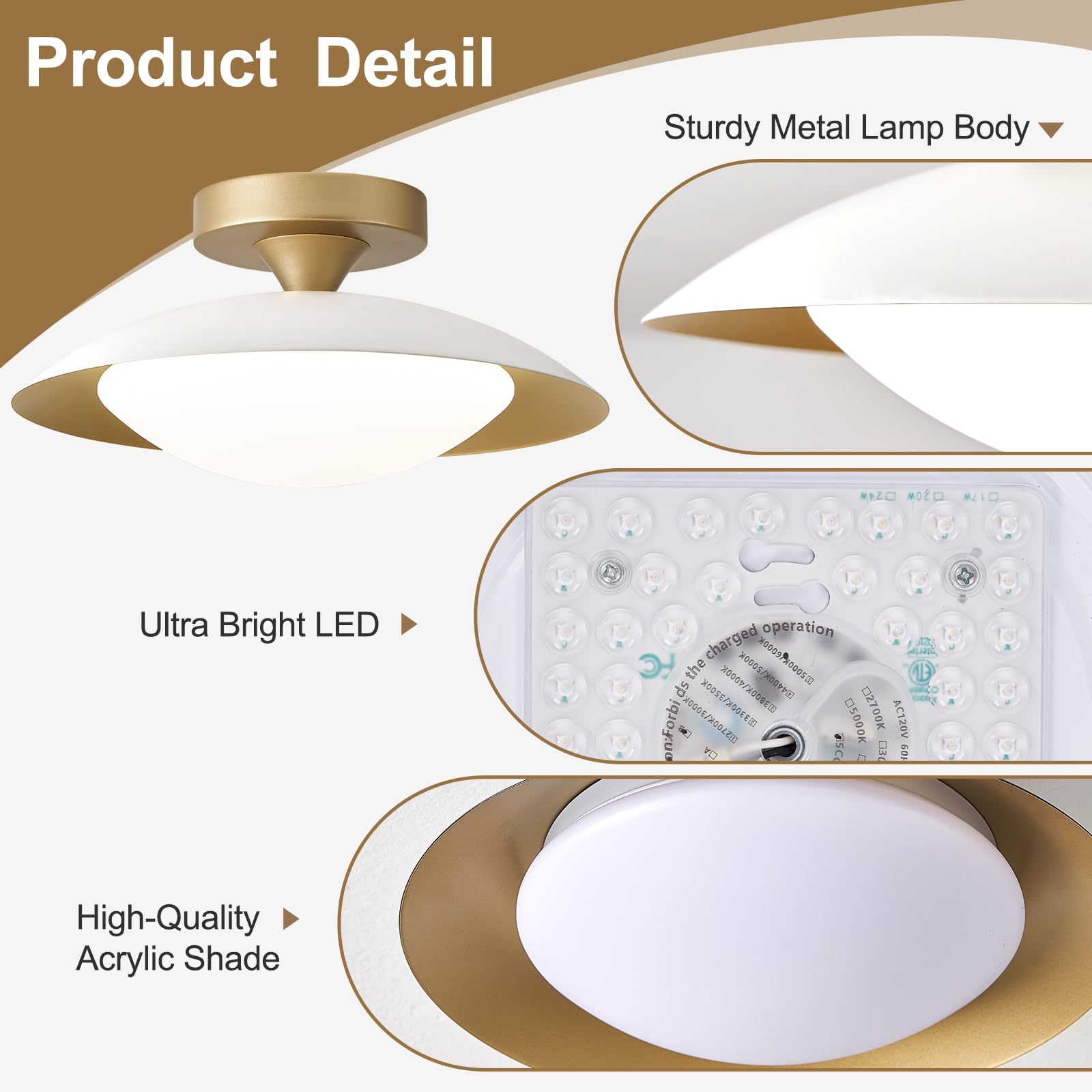 Dimmable Modern Mid-Century Ceiling Light, White And Gold Led Semi Flush Mount Ceiling Light, 5Cct 2700K-6000K Lighting Fixture Ceiling Lamp With Acrylic Shade For Bedroom Hallway Kitchen, 11.8In
