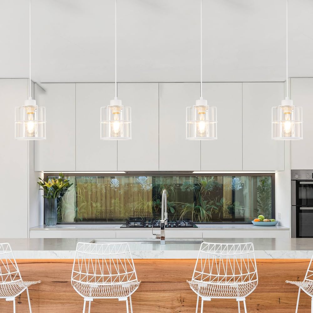 Modern White Industrial Pendant Light Fixtures, Clear Glass Cage Pendant Lights Kitchen Island, Adjustable Cord Medium Milk Hang