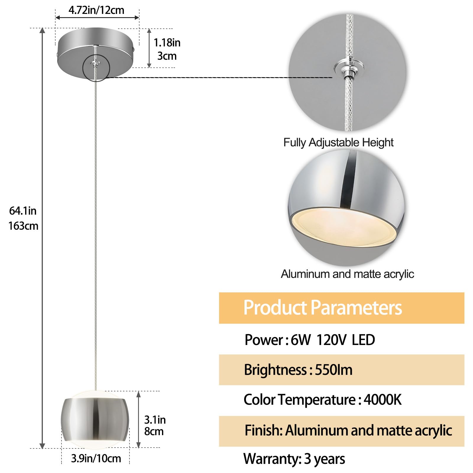 Adcthome Modern Led Dimmable Pendant Light Fixtures Mini Island Pendant Lighting For Kitchen Island Dinning Room Bedroom Bar  Kitchen Island Ceiling Hanging Light Fixtures(Chrome-3-Pack)