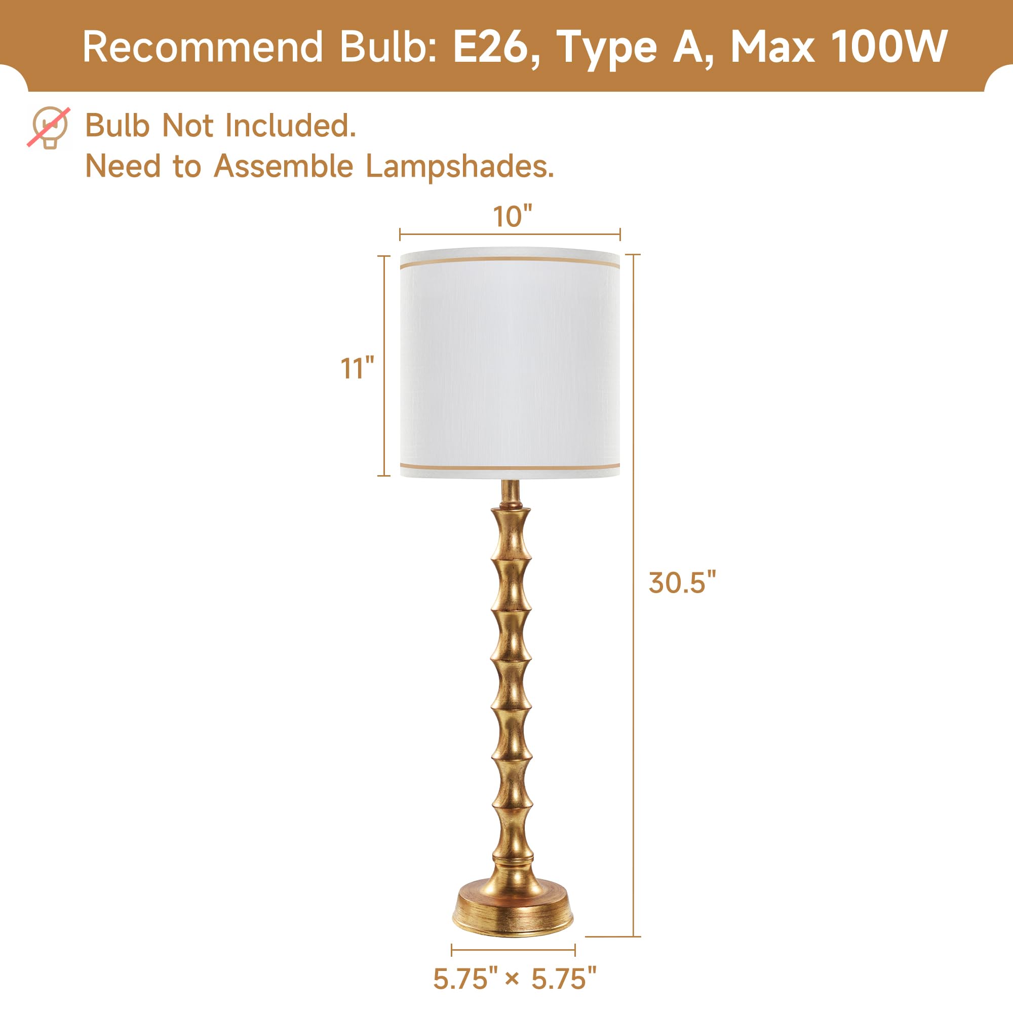 EUO Buffet Lamps Set of 2, 30.5" Tall Gold Metal Candlestick Lamps for Living Room and Dining Room, Modern Design, Model TL2PK-011-GLD