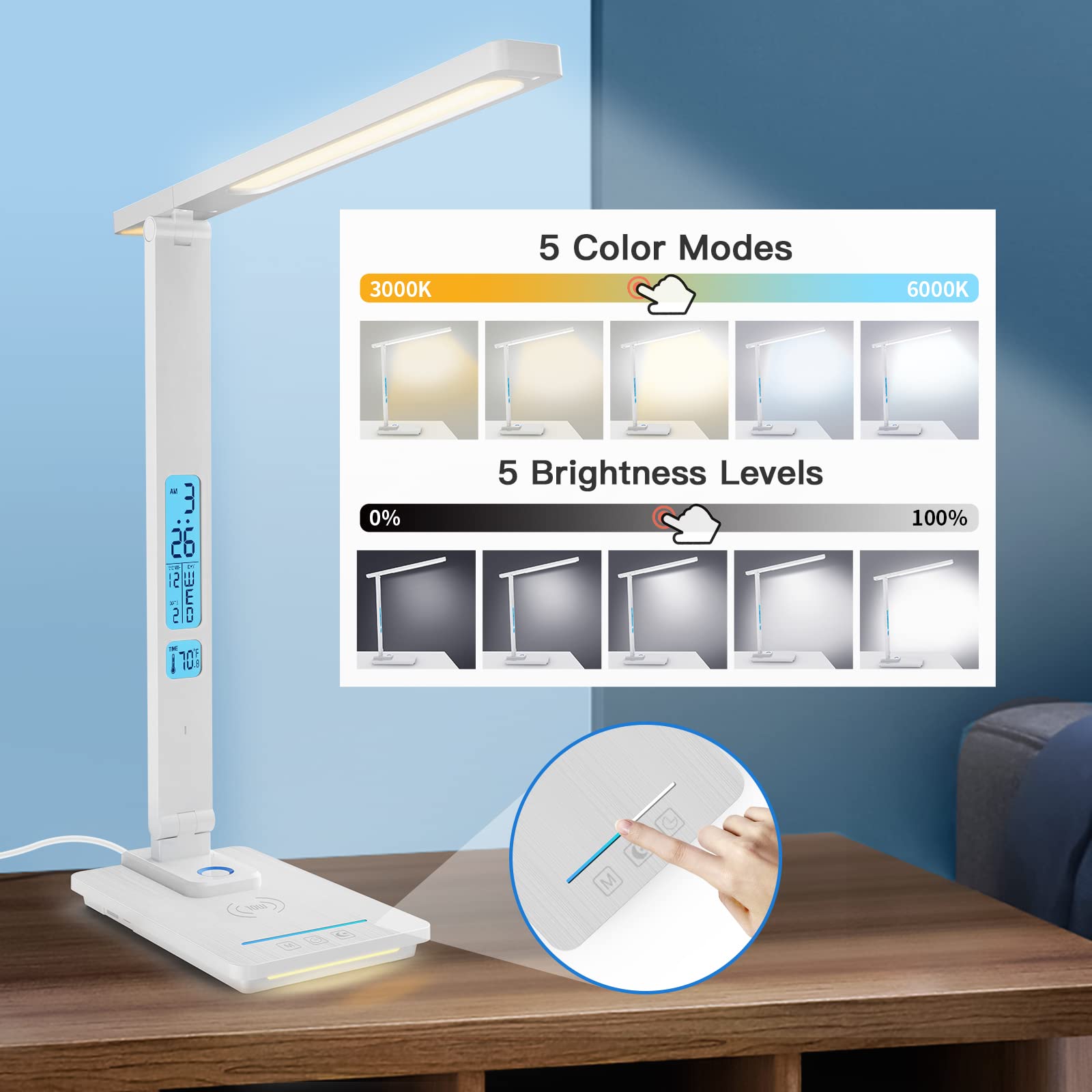 Led Desk Lamp With Wireless Charger: Smart Desk Lamp - Usb Charging Port, 5-Level Brightness & Color Dimmable, Clock, Alarm, Timer, Date, Temperature. Table Lights For Study Reading Home Office