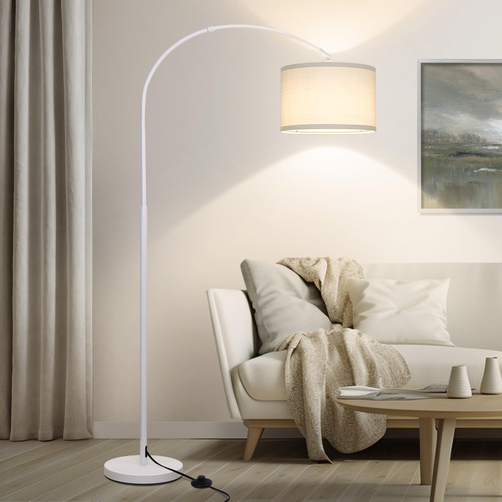 White Arc Floor Lamp, Modern Floor Lamp for Living Room with Adjustable Lamp Head, Tall Pole Standing Lamp with On/Off Pedal Swi