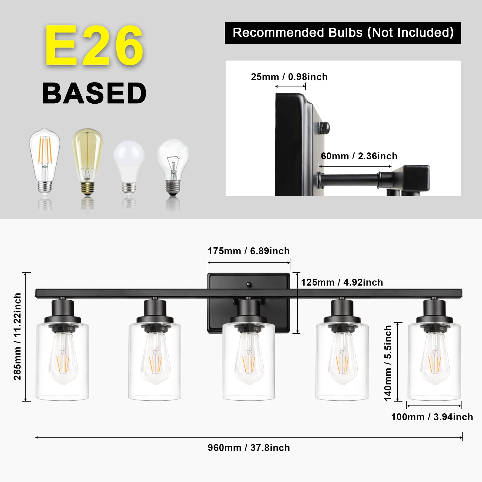 Ascher 5-Light 37.8'' Wall Sconces, Modern Vanity Light Fixture With Clear Glass Shade, Black Finish Wall Light For Mirror Bedro