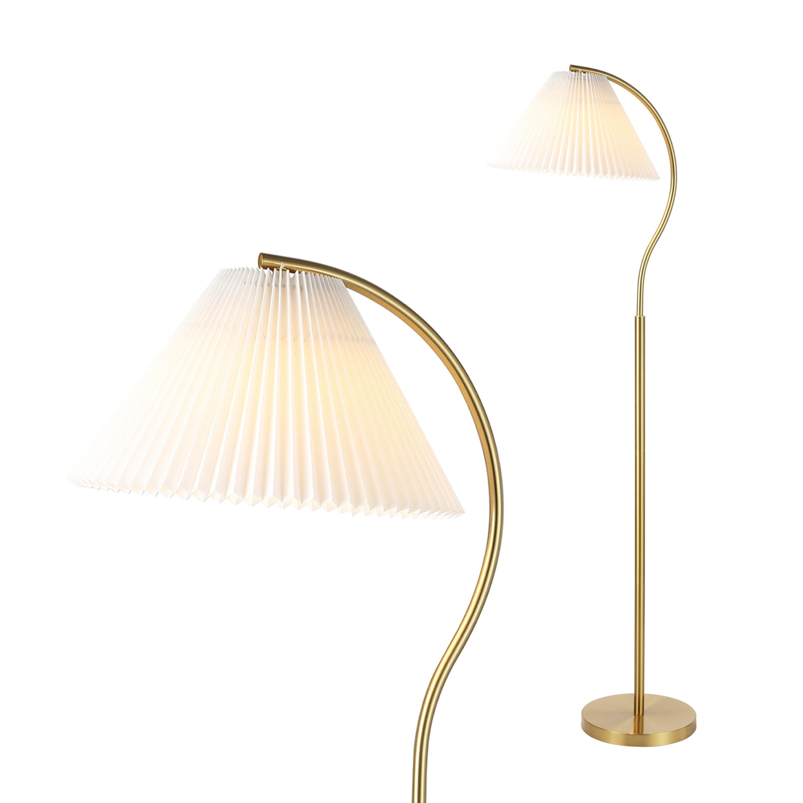 JONATHAN Y 60.5 Brass Gold Modern Glam Metal Arc Floor Lamp, Contemporary Iron Standing Light with White Pleated Fabric Shade fo