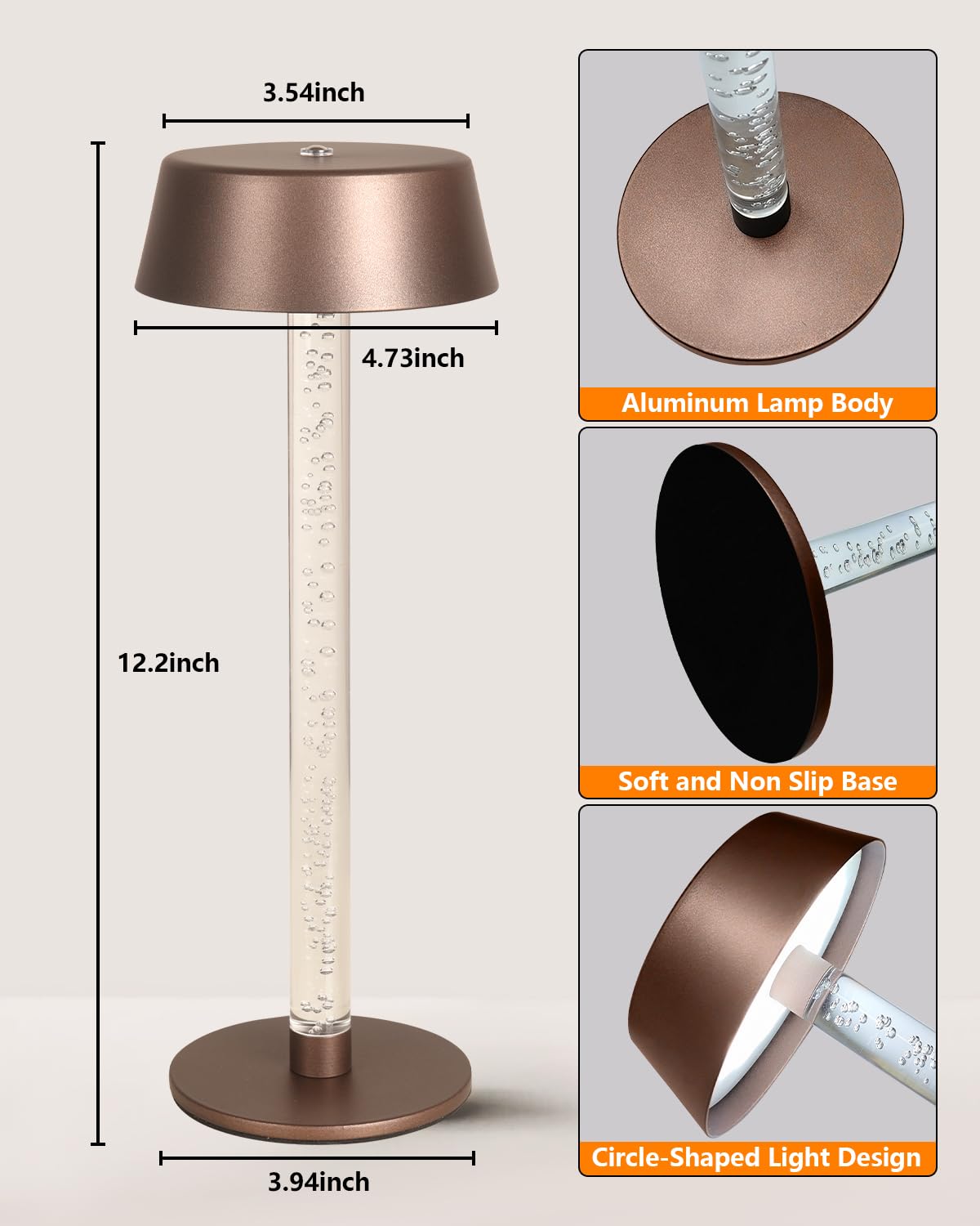 Snotme Cordless Table Lamps Set of 2, Gold Brown, Metal, 5000mAh Battery, 3 Color Stepless Dimming, Model SD-89