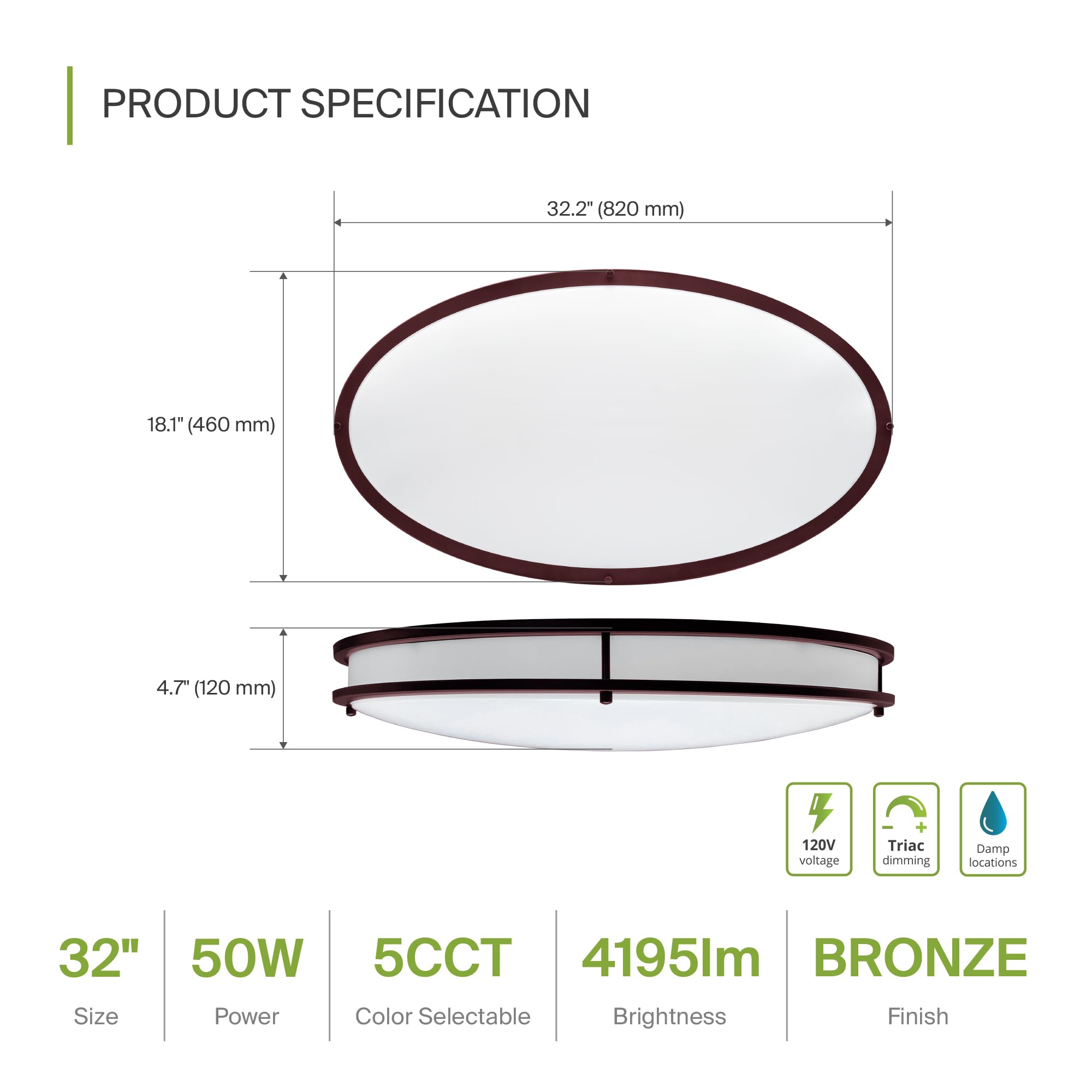 ASD LED Oval Flush Mount Light Fixture 32 Inch 50W 3960LM Dimmable ETL Listed Oil-Rubbed Bronze Model A-FMOV-32D50BZ