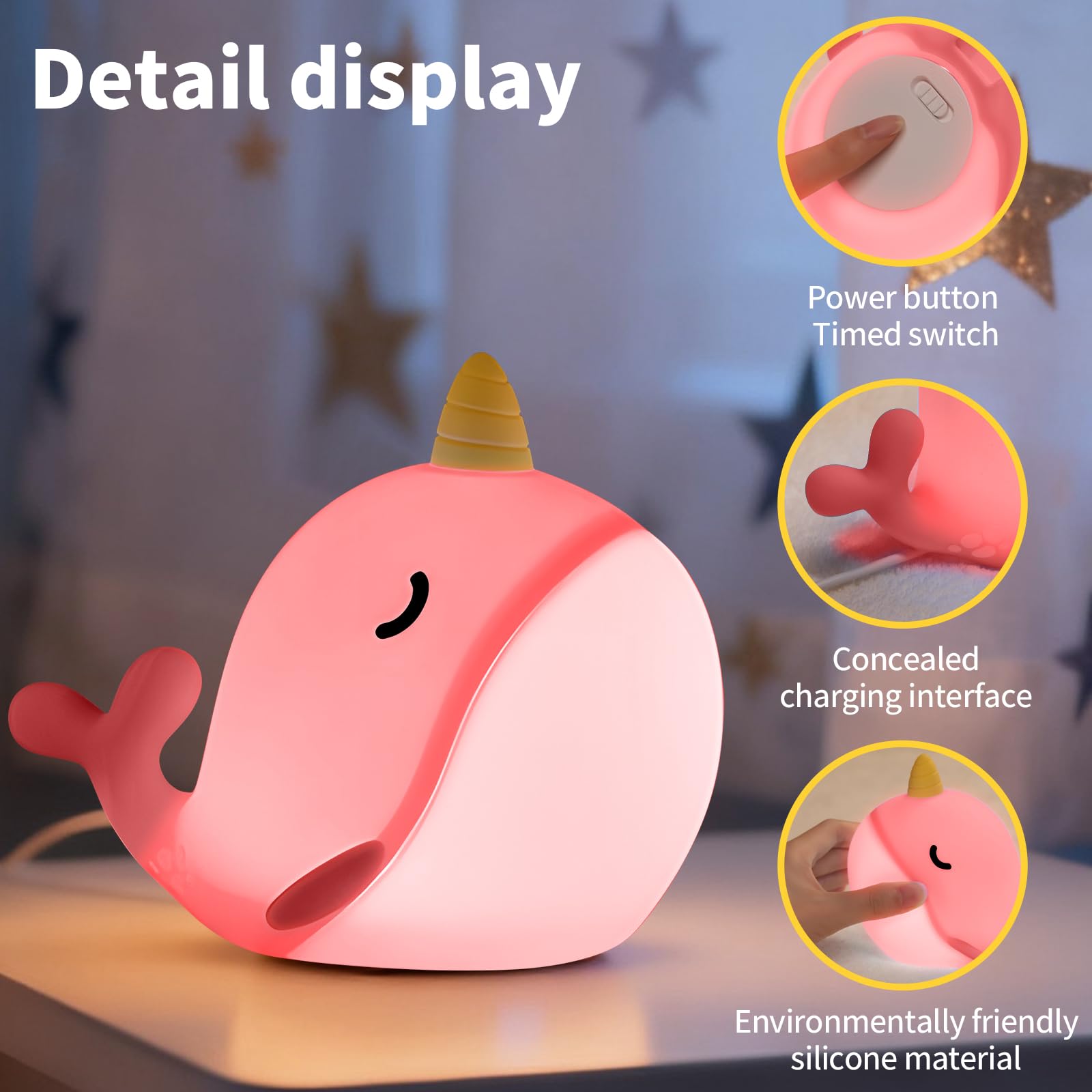 Hpydiy Cute Narwhal Night Light  Tap Control With 3 Warm White Brightness  Usb Kids Bed Lamp With 30-Minute Timer  Soft Silicone Glow For Nursery  Birthday Gift(Pink Narwhal)