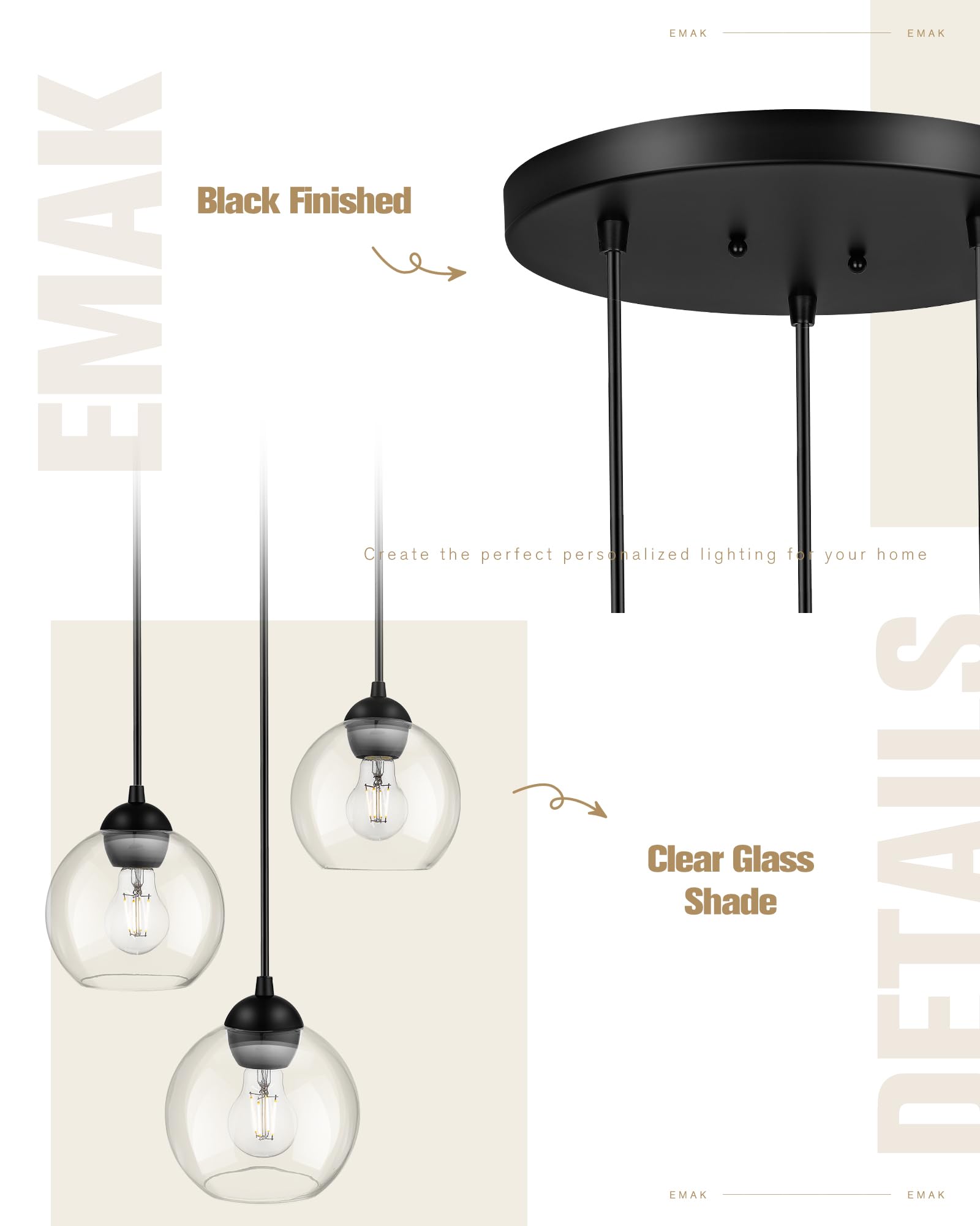 Emak Modern Black Pendant Lights Kitchen Island, 7 Inch Globe Pendant Light With Clear Glass Shade, 3-Light Cluster Island Light