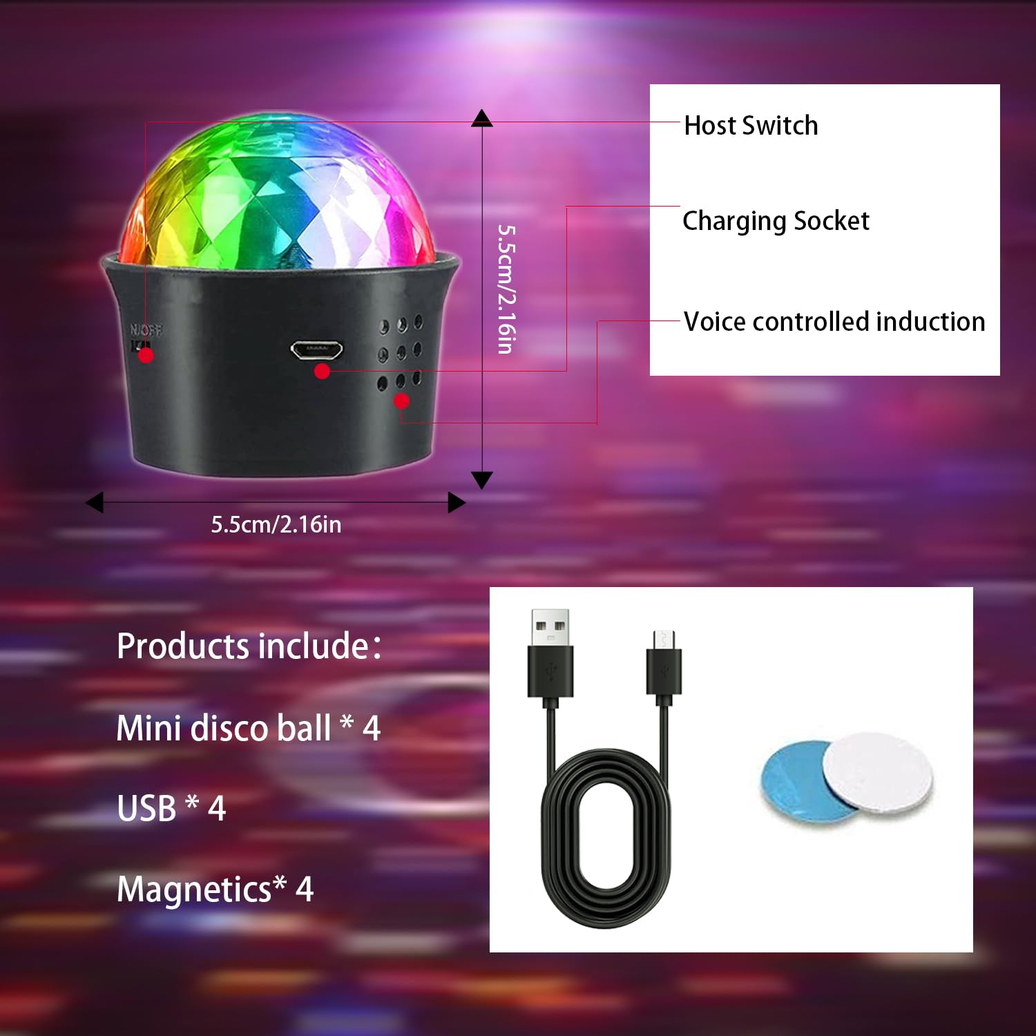 HOVOYNN Mini Disco Ball Lights - 4 Packs, USB Rechargeable, Voice Activated, Multicolor, ABS, Black-4