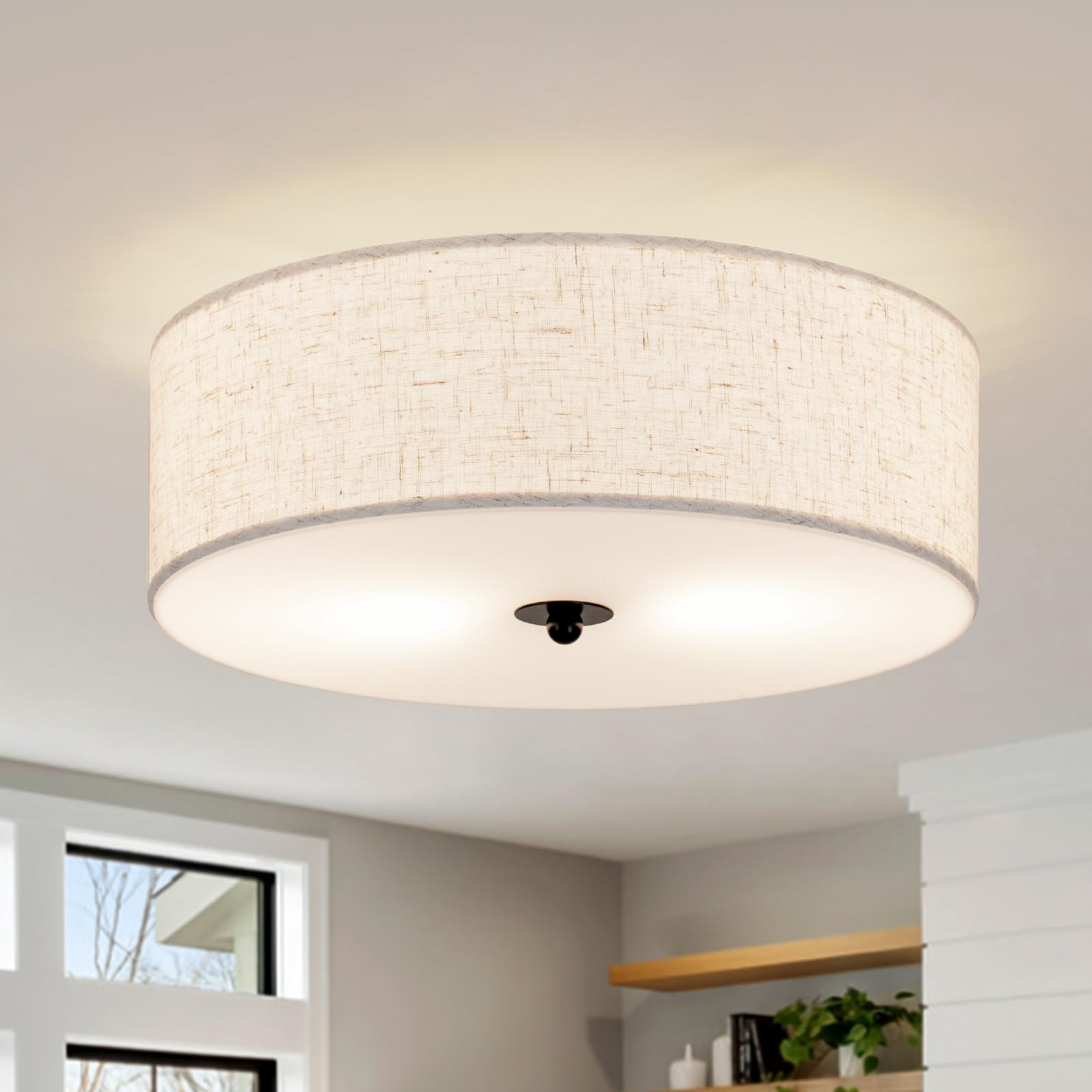 CALOKES Flush Mount Ceiling Light Fixture, 13'' Close to Ceiling Light with Beige Fabric Linen Drum Shade, 2-Light Modern Round 