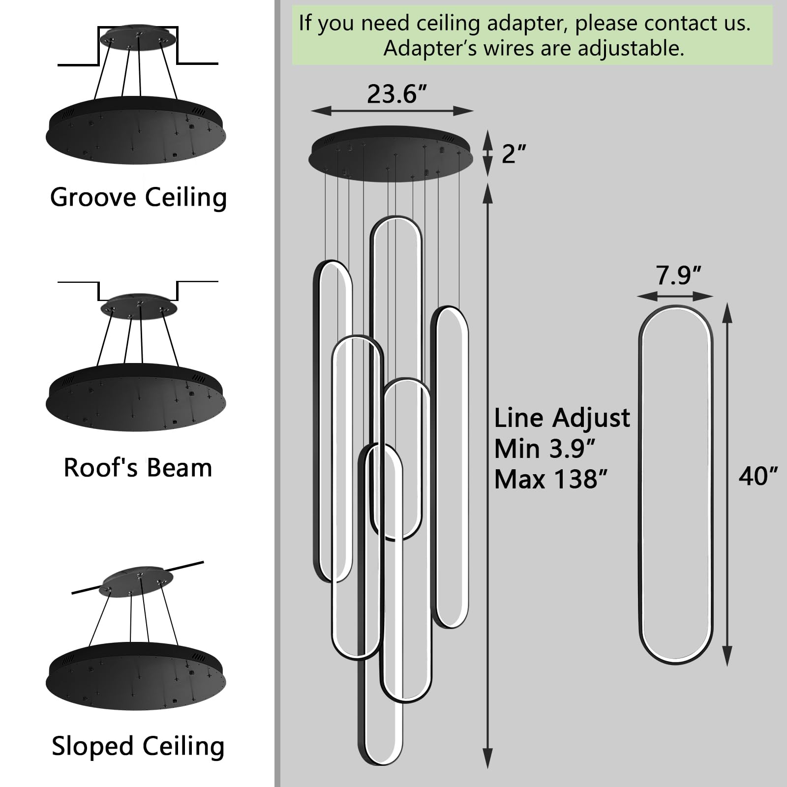 dolria 6-Rings LED Chandelier, Black Aluminum, Dimmable, 40in x 7.9in x 138in, Remote Control, Modern High Ceiling Light for Staircase