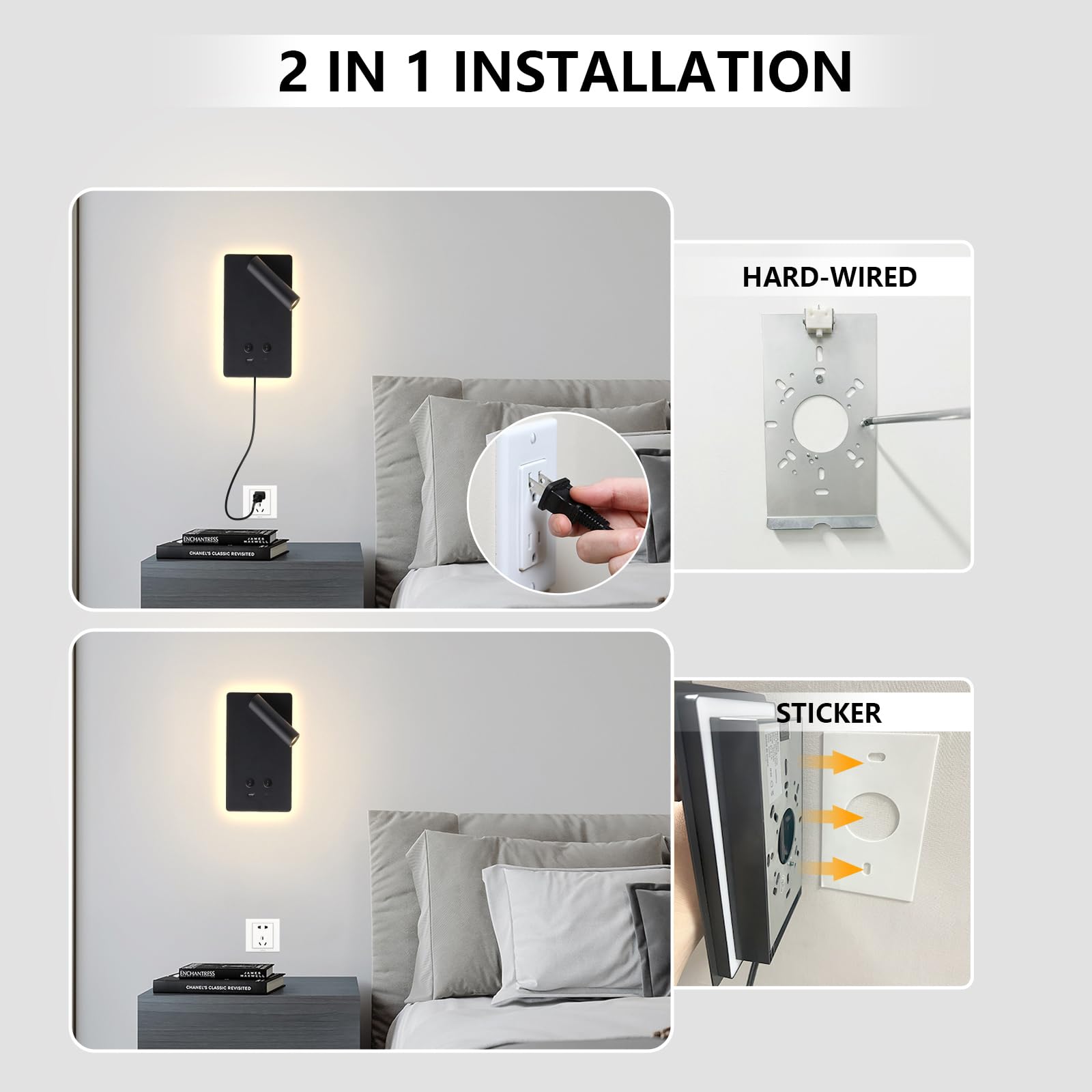 MOLUOLA LED Wall Mounted Reading Lights, Dimmable 3 Brightness, USB C+A Ports, Black, 2 Pack, Aluminum, Model S07G