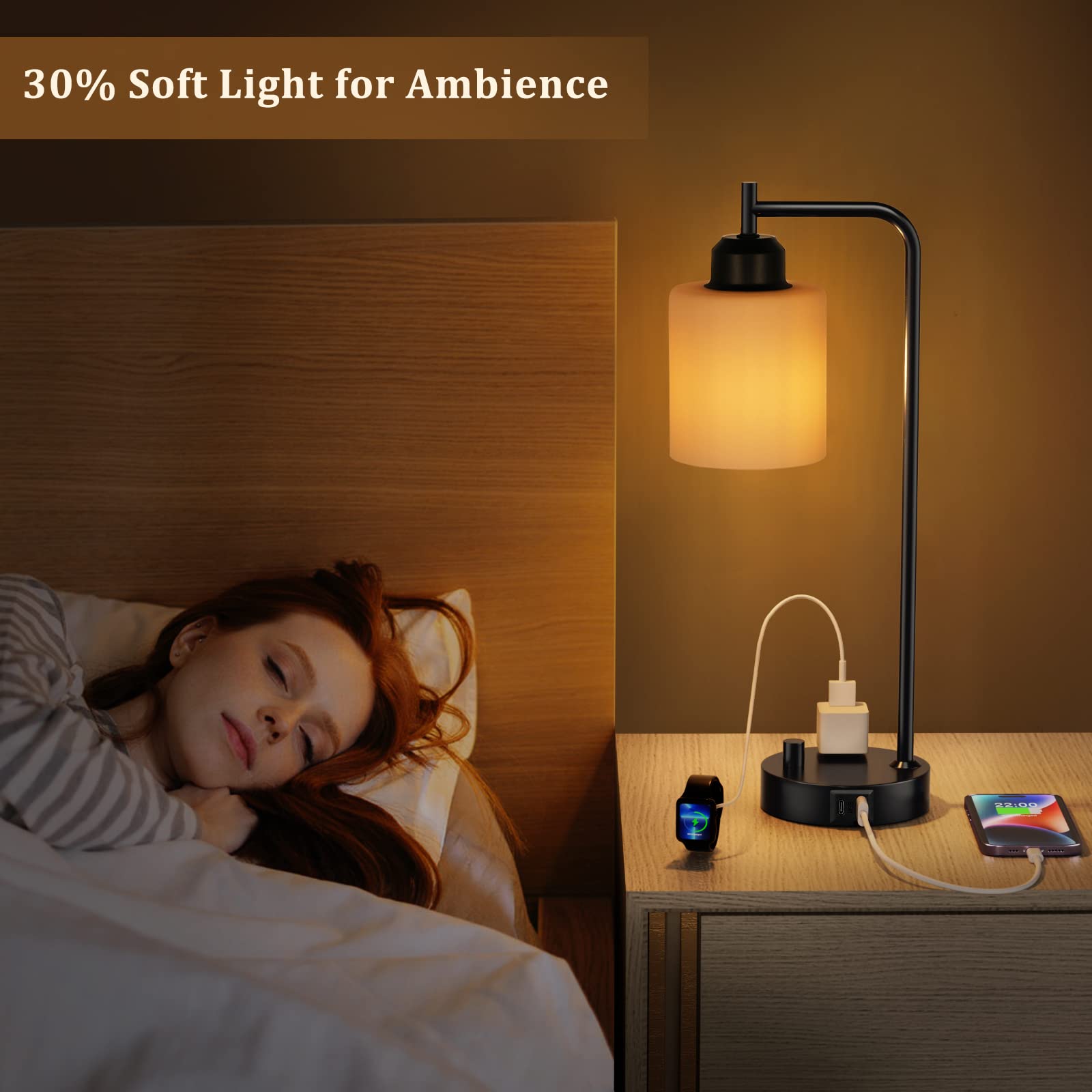 Industrial Bedroom Table Lamps For Bedside - White Opal Glass Shade Desk Lamps With Usb C Port, Fully Dimmable Black Lamps With