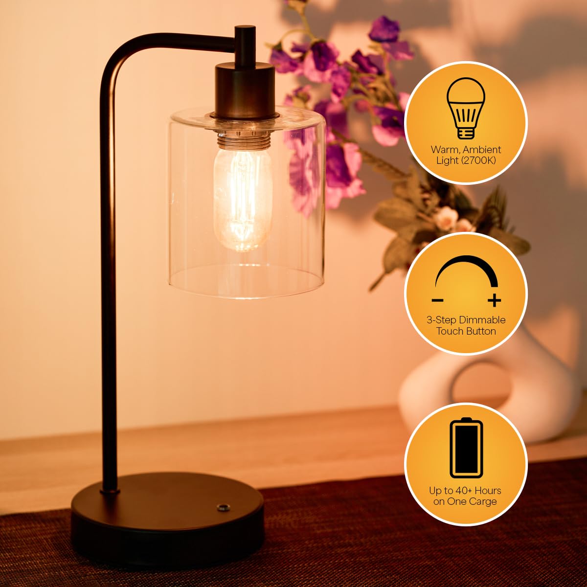 Luxxio Cordless Table Lamp - Rechargeable - Up To 40+ Hours, 3 Adjustable Led Brightness Settings, Non-Scratch Bottom, Warm Whit