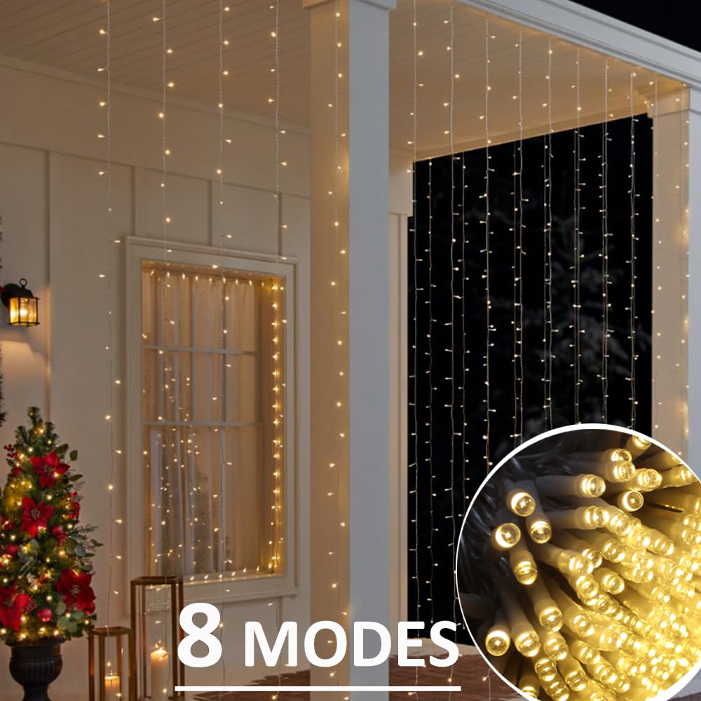 Solhice LED Curtain Lights 30ft x 10ft Warm White Indoor Outdoor Twinkle String Lights