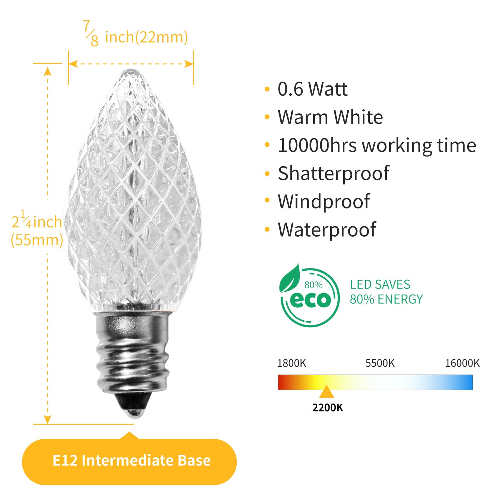 Meconard C7 LED Christmas Light Bulbs, Warm White, 50 Pack, Shatterproof, E12 Base, Commercial Grade