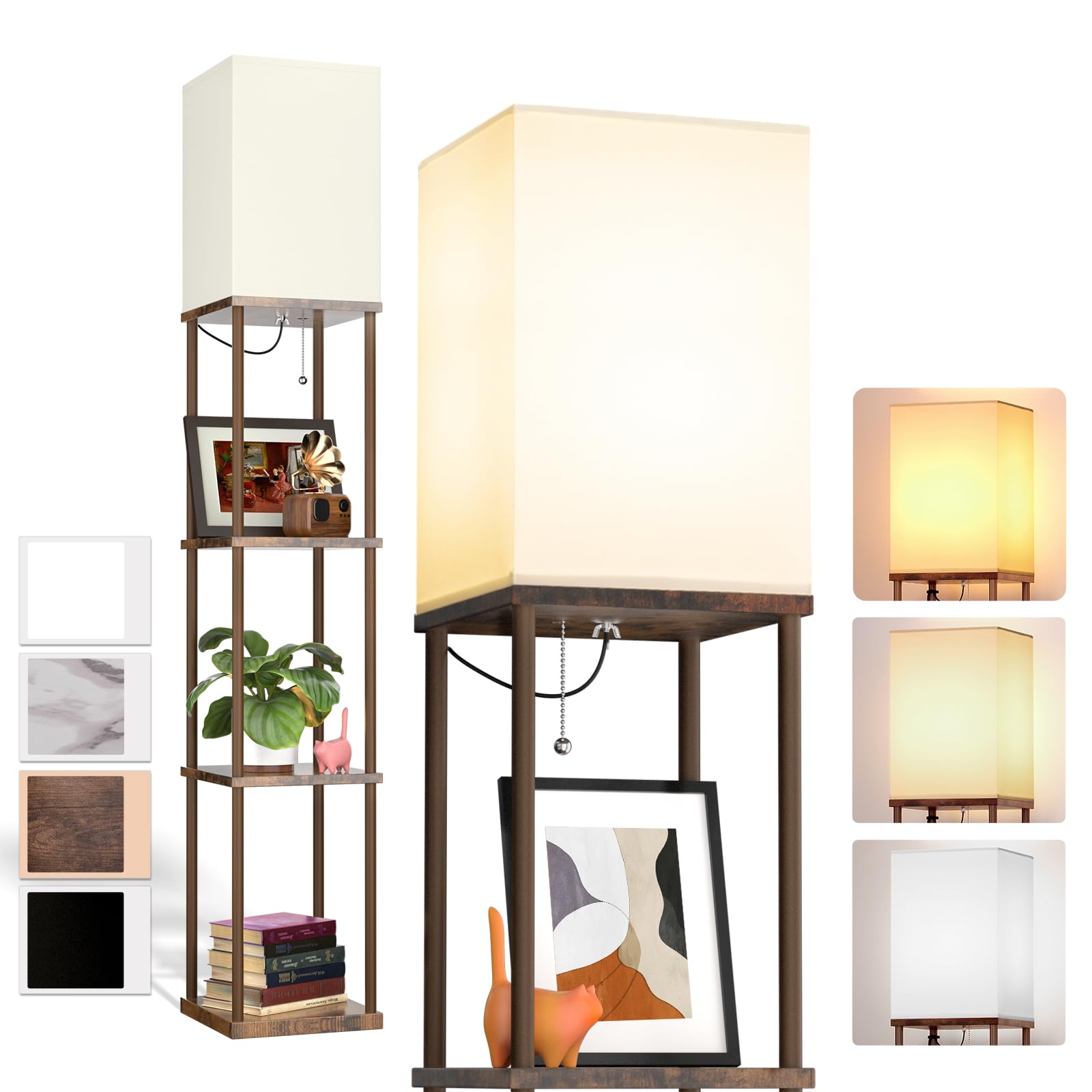 addlon LED Modern Shelf Floor Lamp with White Shade, 64Inch, Vintage, 4 Tier, Wood, Model 052