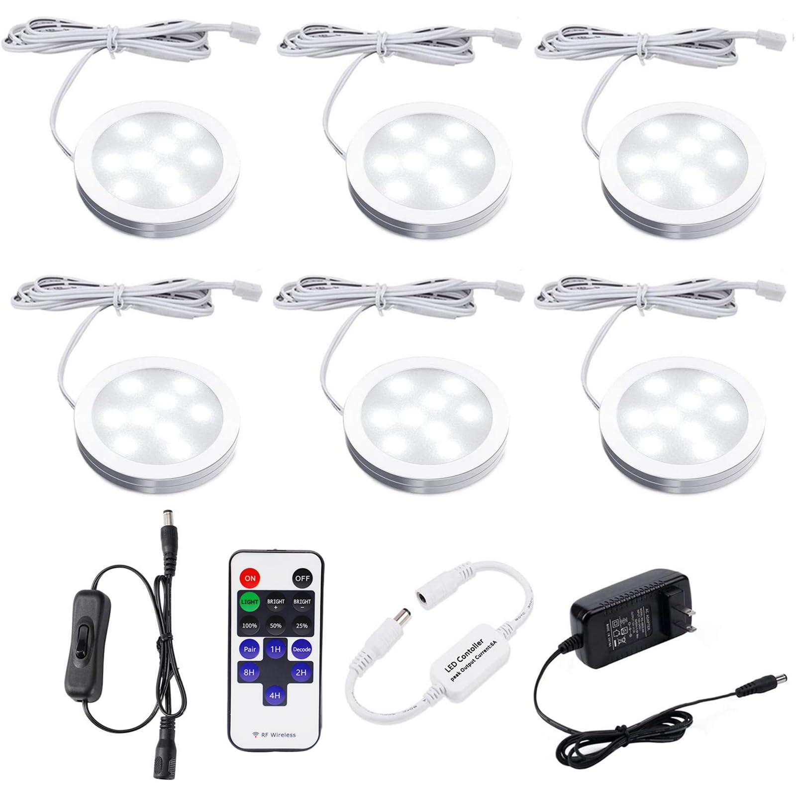 Aiboo Led Under Cabinet Lighting Dimmable With Rf Remote Control, 6 Led Puck Lights, Total Of 12W, For Kitchen Count Closet Ward