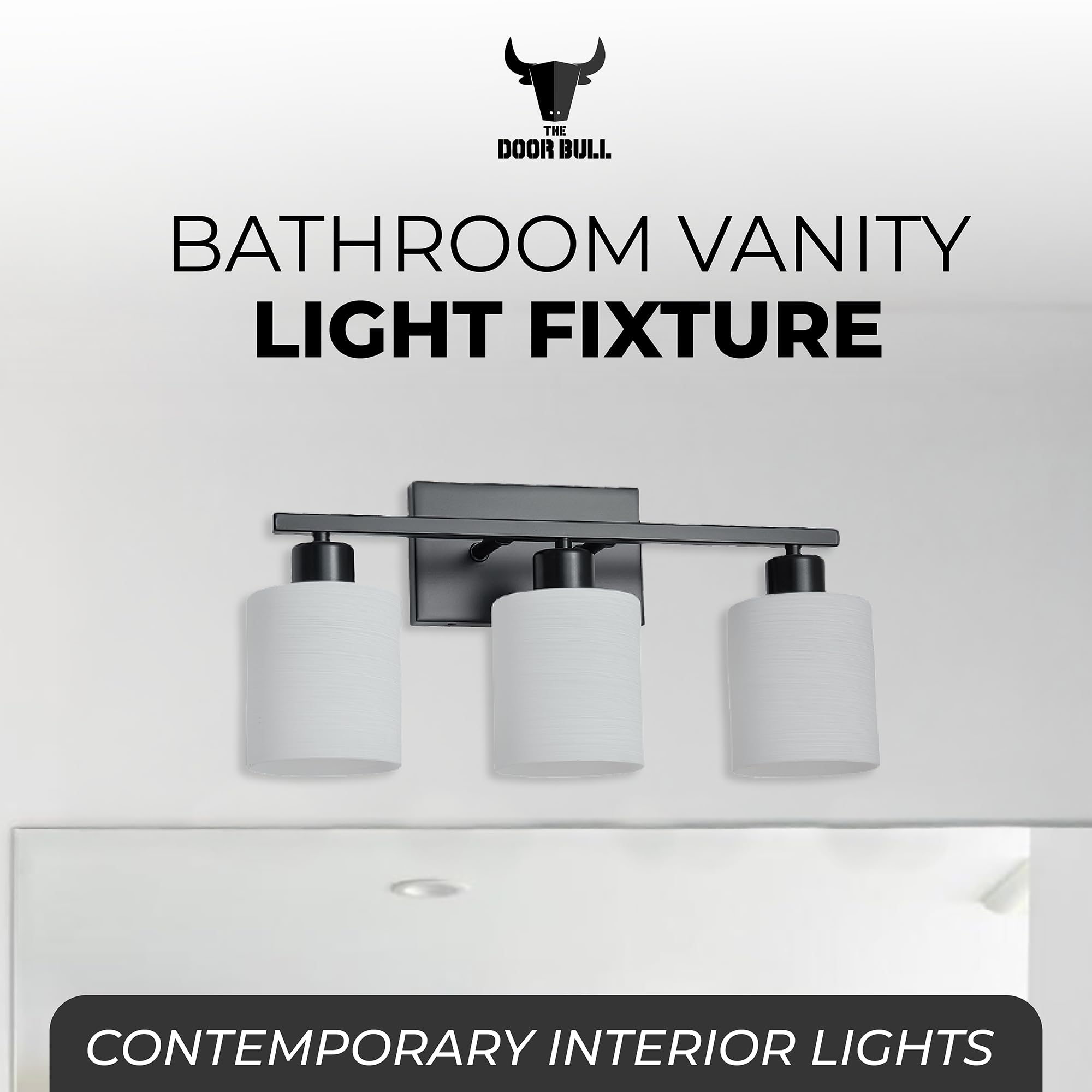 The Door Bull Modern Bathroom Vanity Light, Matte Black, 3 Lights, Milky White Glass Shades, E26 Socket, VNT-1000