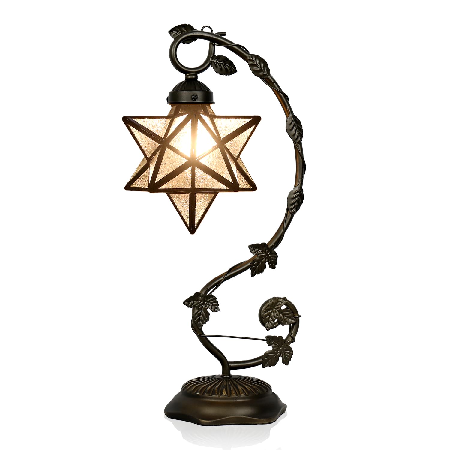 Star Glass Table Lamp, Vintage Style Table Lamp, 8x10x20 Inch - Bronze Metal Leaf Base Tiffany Lamp for Bedroom,Living Room,Stud