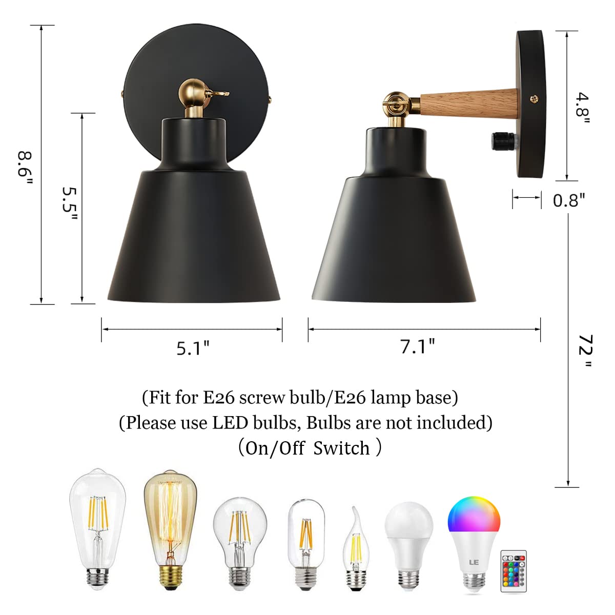 Clankin Wall Sconces Set Of 2, Black Bedside Reading Lamps With On-Off Switch For Home Decor