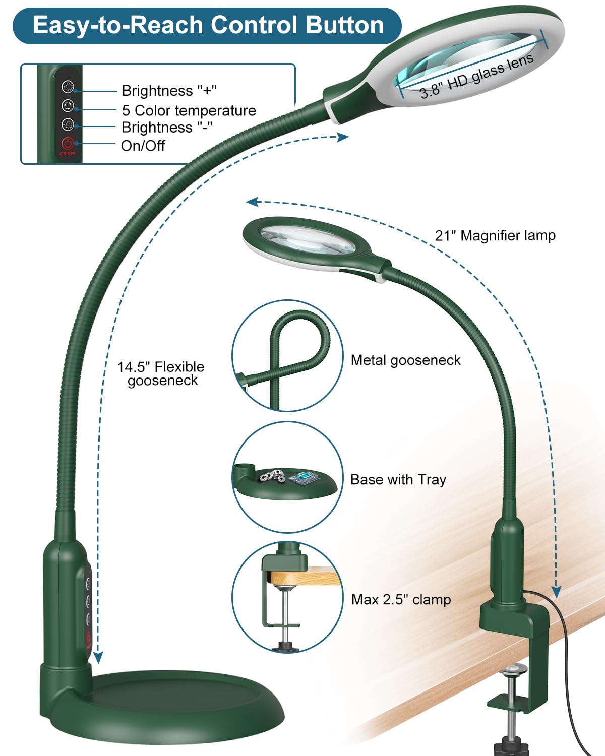 RackydigPro 10X Magnifying Glass with LED Light, Flexible Gooseneck Desk Lamp, Plastic, Green, Model GJT031FE01R