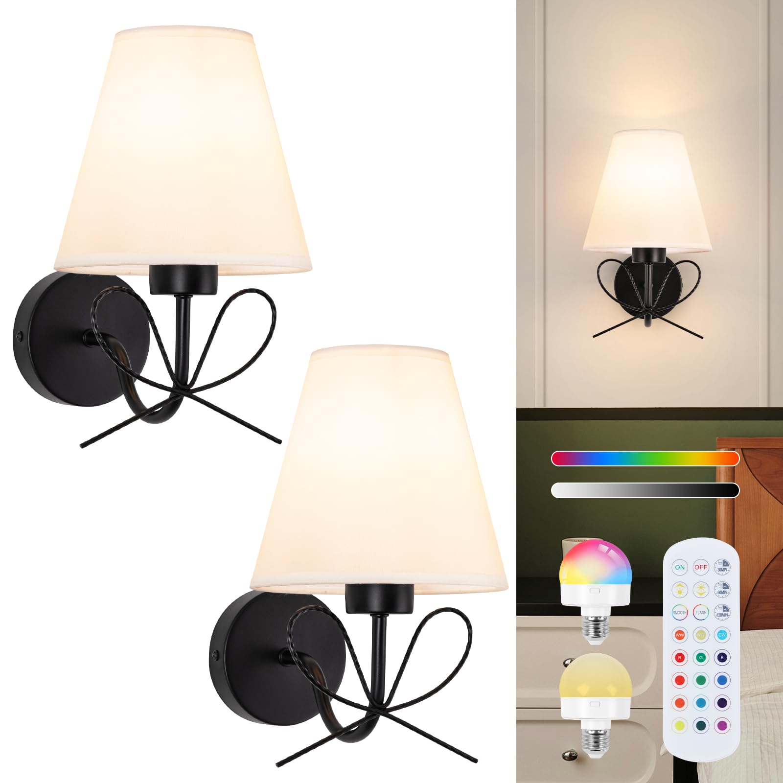 ADISUN Wall Sconce Set of Two, Battery Operated, Dimmable, Matte Black, Wireless, Includes 2 Bulbs