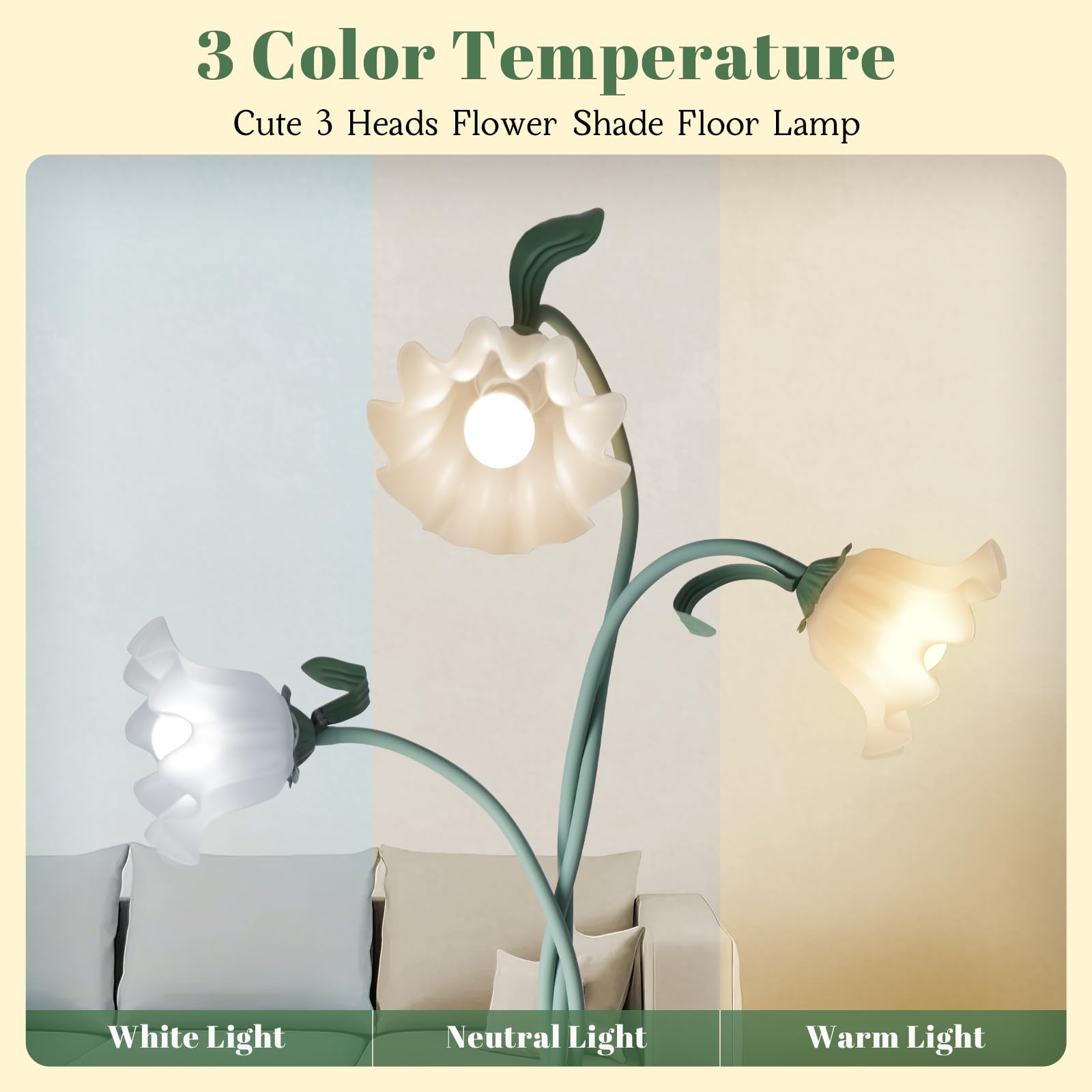 Flower Standing Lamp For Bedroom, Cute Corner Floor Lamp With Flexible Gooseneck,3 Light Floor Reading Lamp With 3 Color Tempera