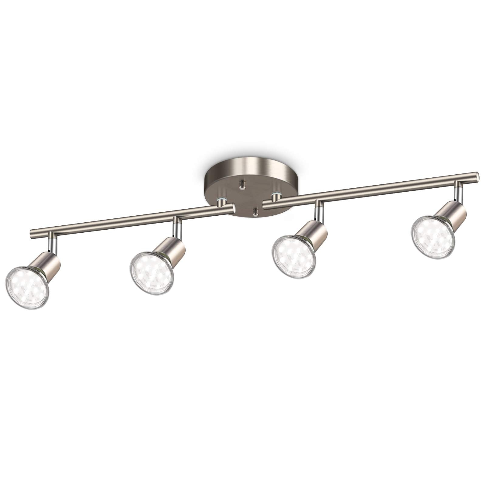 Ascher 4-Light LED Track Lighting Kit, Flexibly Rotatable Light Heads, 4 Way Ceiling Spotlight Matt Nickel Finish, Including 4 G