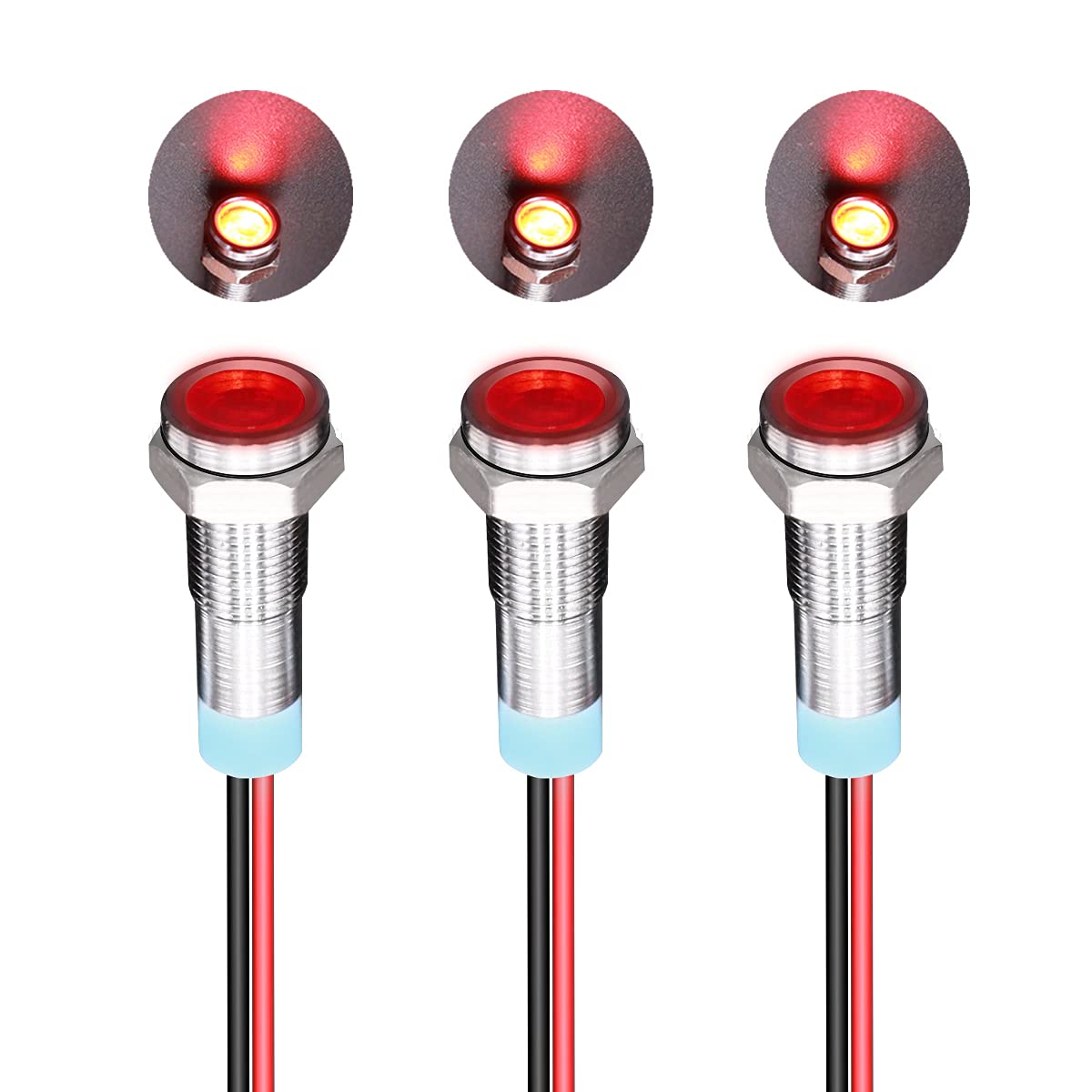 Mxuteuk 3 Pcs Red 12V-24V 6Mm 1/4" Led Metal Indicator Light Head Waterproof Signal Lamp With Wire For Car Truck Boat Dq6P-12V-R