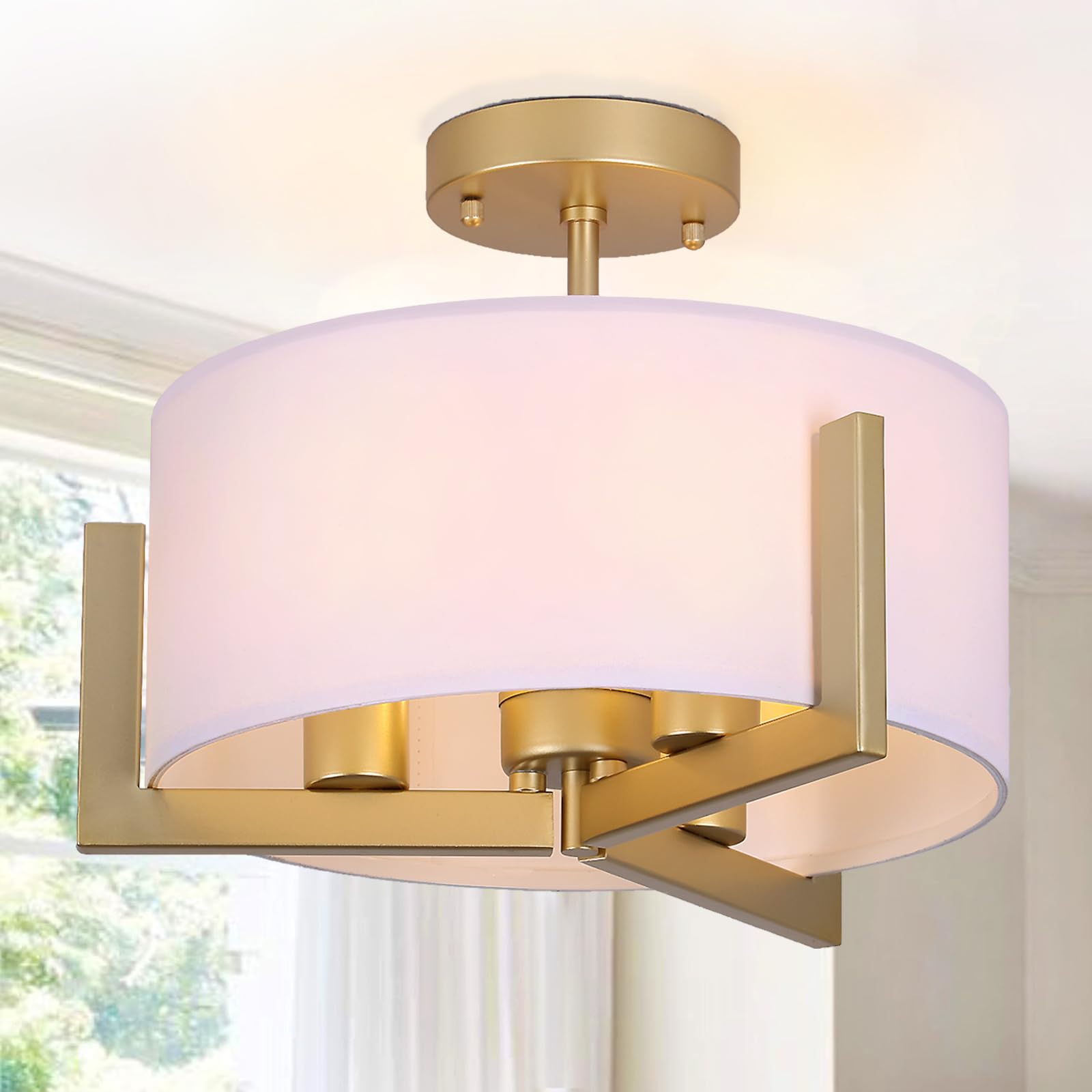 Mecuss Semi Flush Mount Ceiling Light 14 Inch, 3 Light Gold Industrial Light Fixtures Ceiling Mount With White Drum Fabric Shade