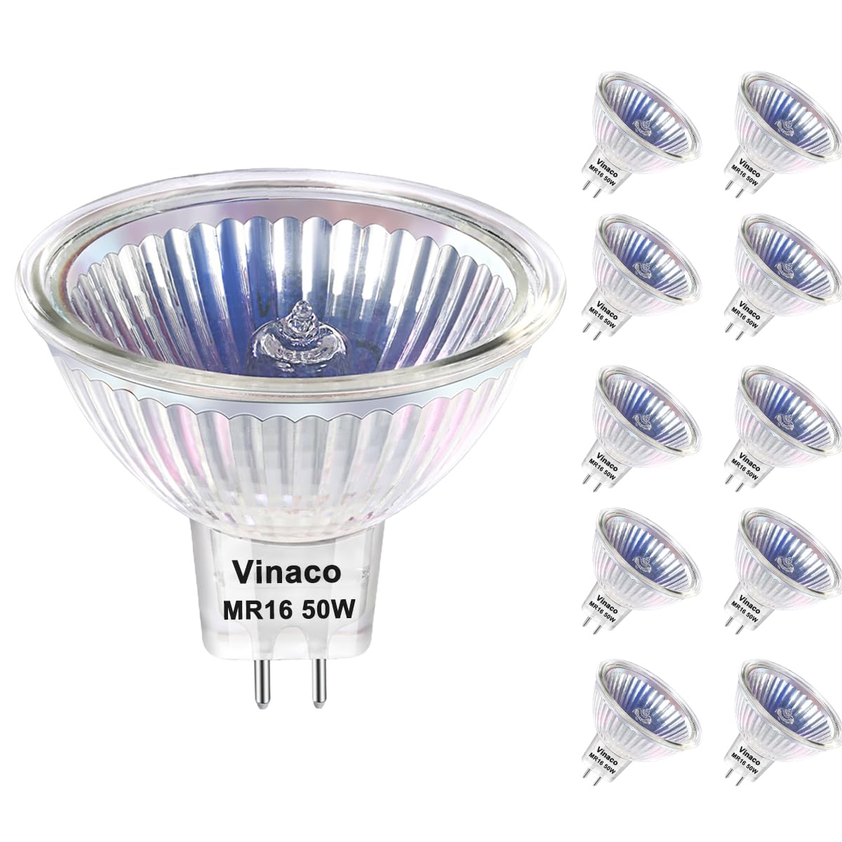 Vinaco Mr16 Bulb,10Pack Mr16 Halogen Bulb 50W Gu5.3 Base, 800Lm High Output Mr16 12V 50W Halogen, 2800K Warm White Mr 16 Dimmabl
