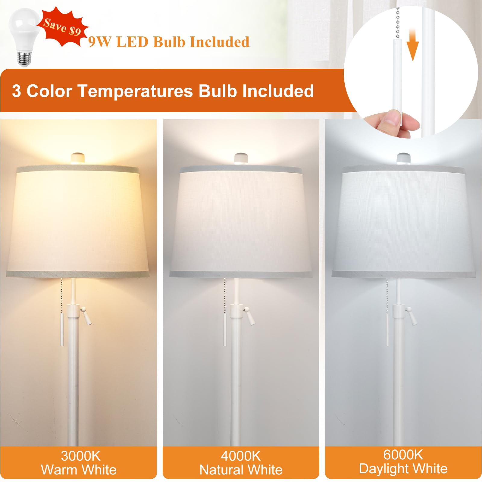 JUNNAI Adjustable White Floor Lamp - 55-65" Modern Metal & Fabric Shade for Living Room, Bedroom, Office, Nursery - 9W LED Bulb Included
