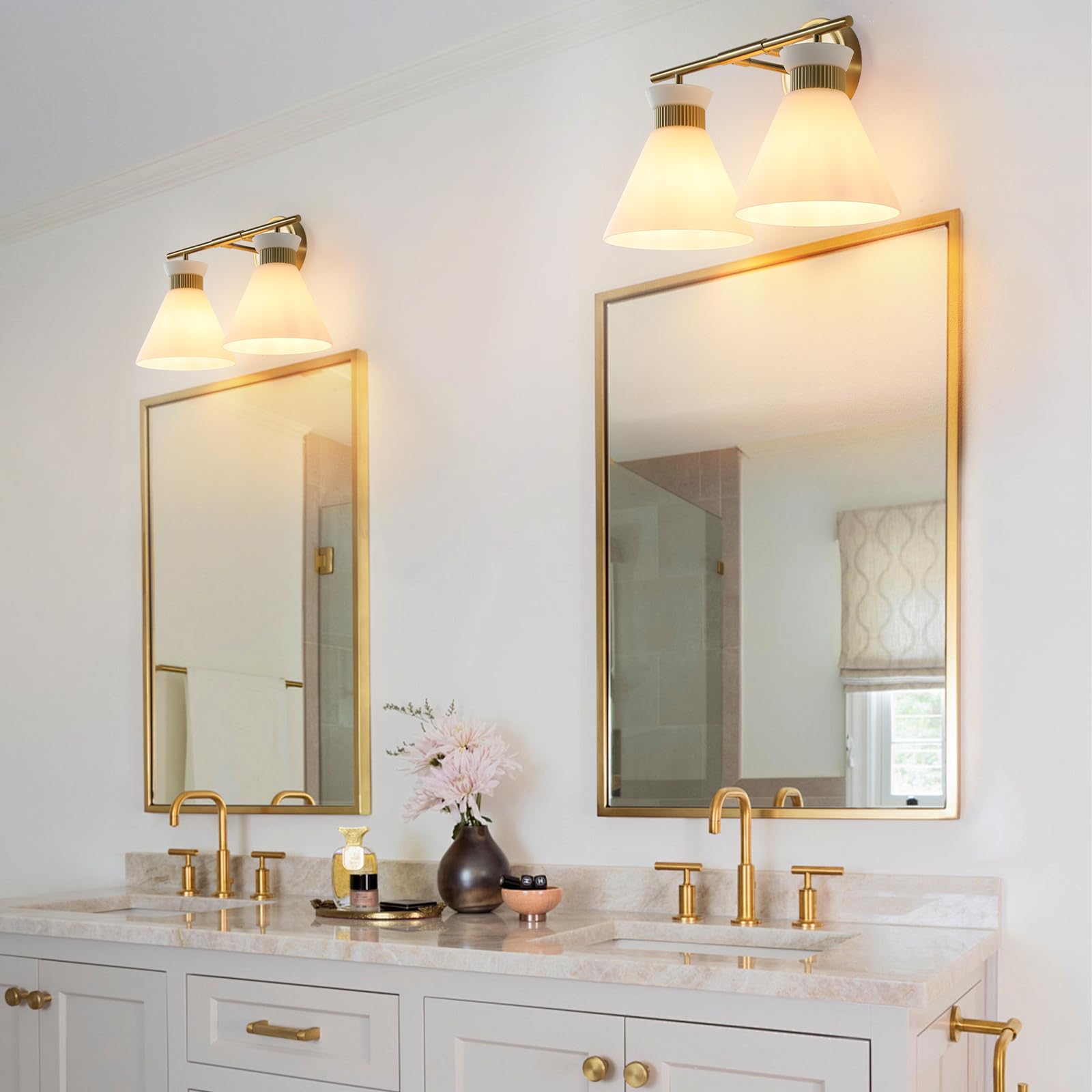 WOSHITU 2-Light Bathroom Vanity Light Fixtures, Brass Gold Metal Wall Sconce with Frosted Glass for Modern Home Decor