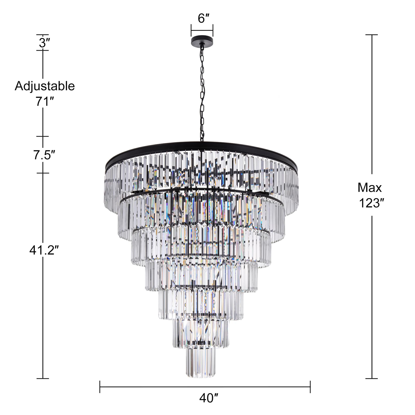 TOCHIC 40" Large Black Crystal Chandelier, 7-Tier Metal Lighting Fixture for High Ceilings, Ideal for Entryway & Living Room
