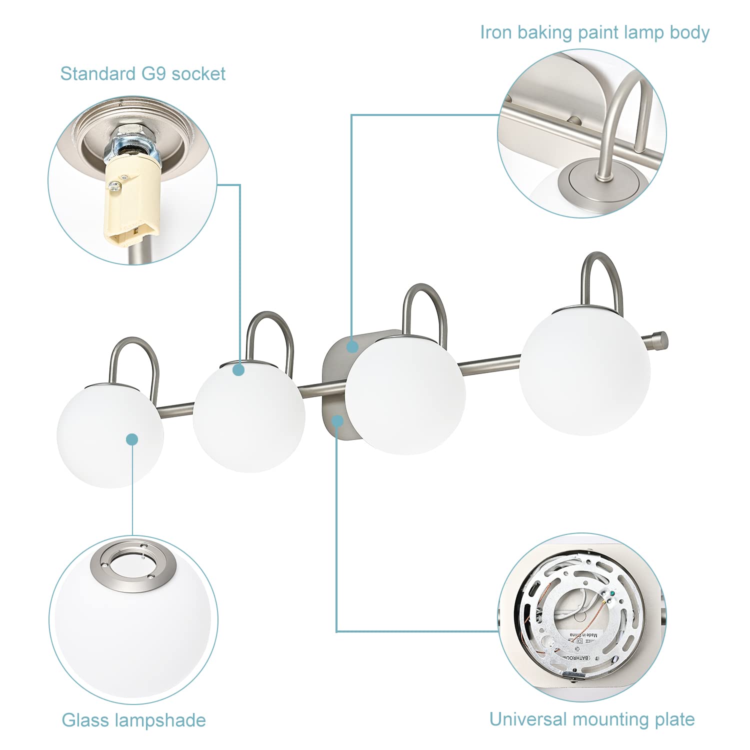 Zhuoer Mid Century Modern Brushed Nickel Bathroom Vanity Light Fixtures 4 Lights Milky Glass Wall Lighting Bath Vanity Lights Ov