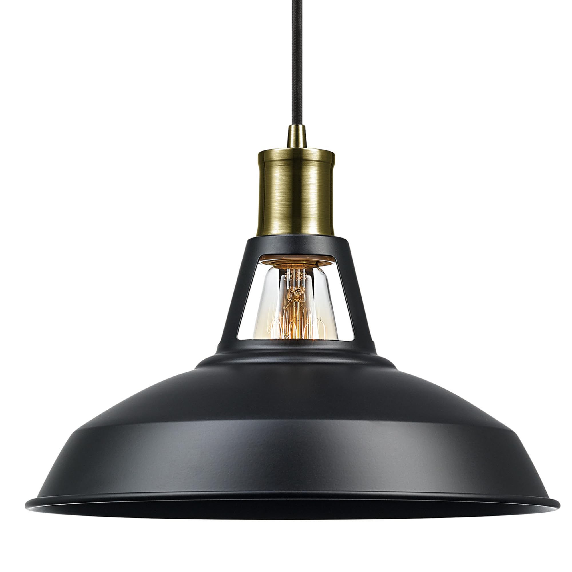 GLOBE Electric 65712 1-Light Pendant, Satin Black & Antique Brass, 15ft Cord