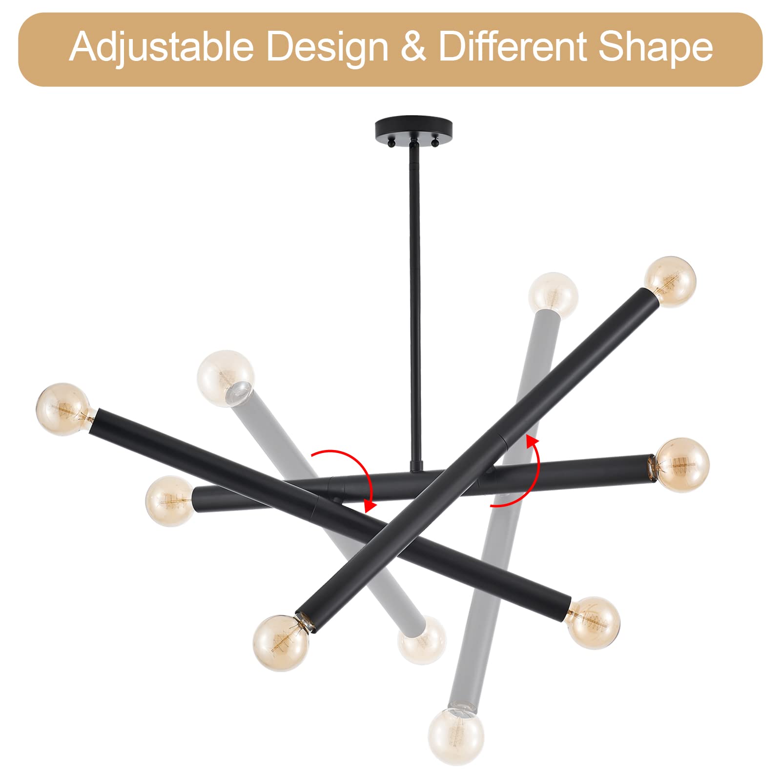 Vanzarla Black Sputnik Chandelier For Dining Room, Modern Pendant Light Kitchen, 6-Light Adjustable Hanging Light Fixture For En