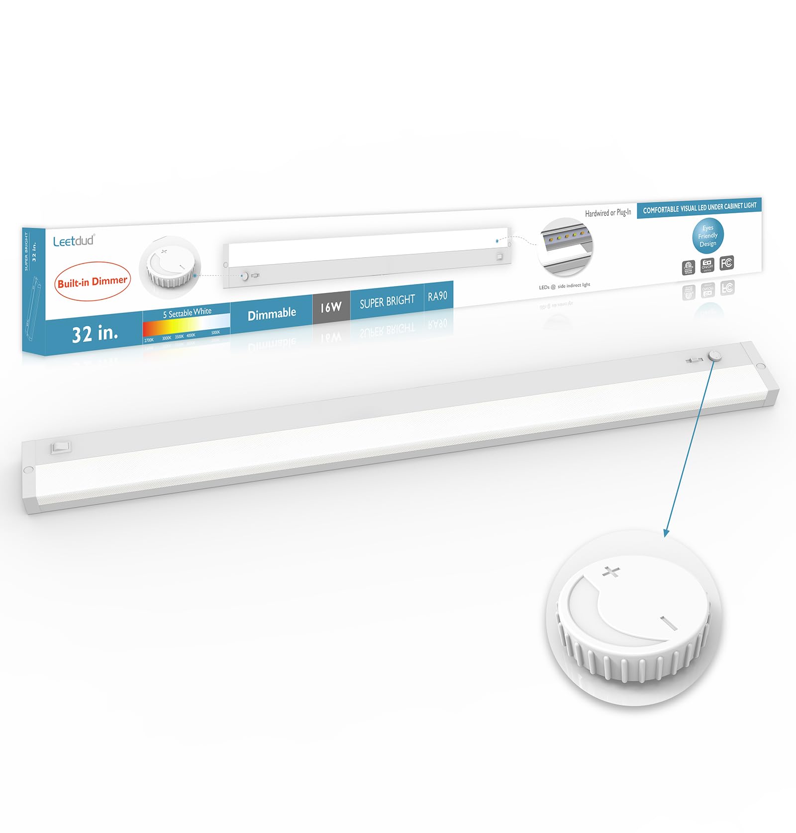 Leetdud LED Under Cabinet Lighting Built-in Dimmer Plug in or Hardwired,32 Inch 16W Dimmable 5 Color 2700K/3000K/3500K/4000K/500