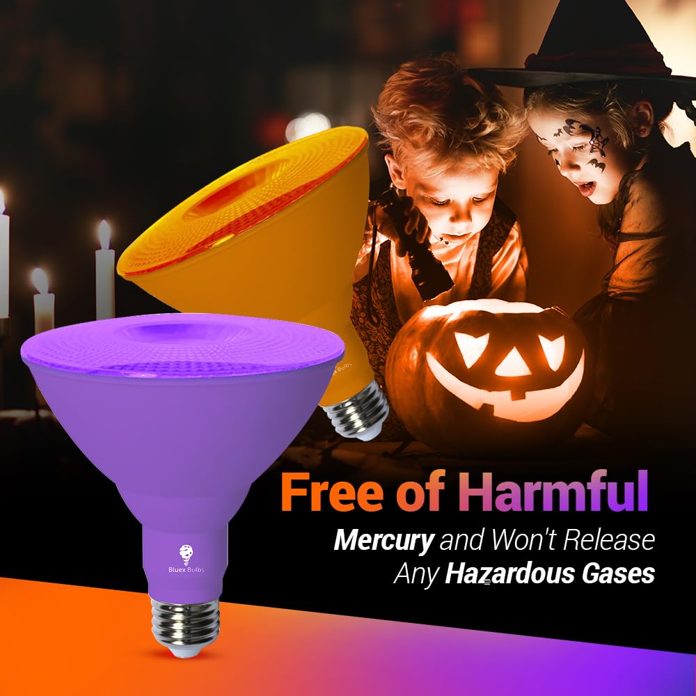 Bluex Bulbs 2 Pack Led Par38 Flood Purple Orange Light Bulb - 18W (120Watt Equivalent) - Dimmable - E26 Led Lights, Party Decoration,Home Lighting, Holiday Halloween Orange Purple Flood Lights Bulbs