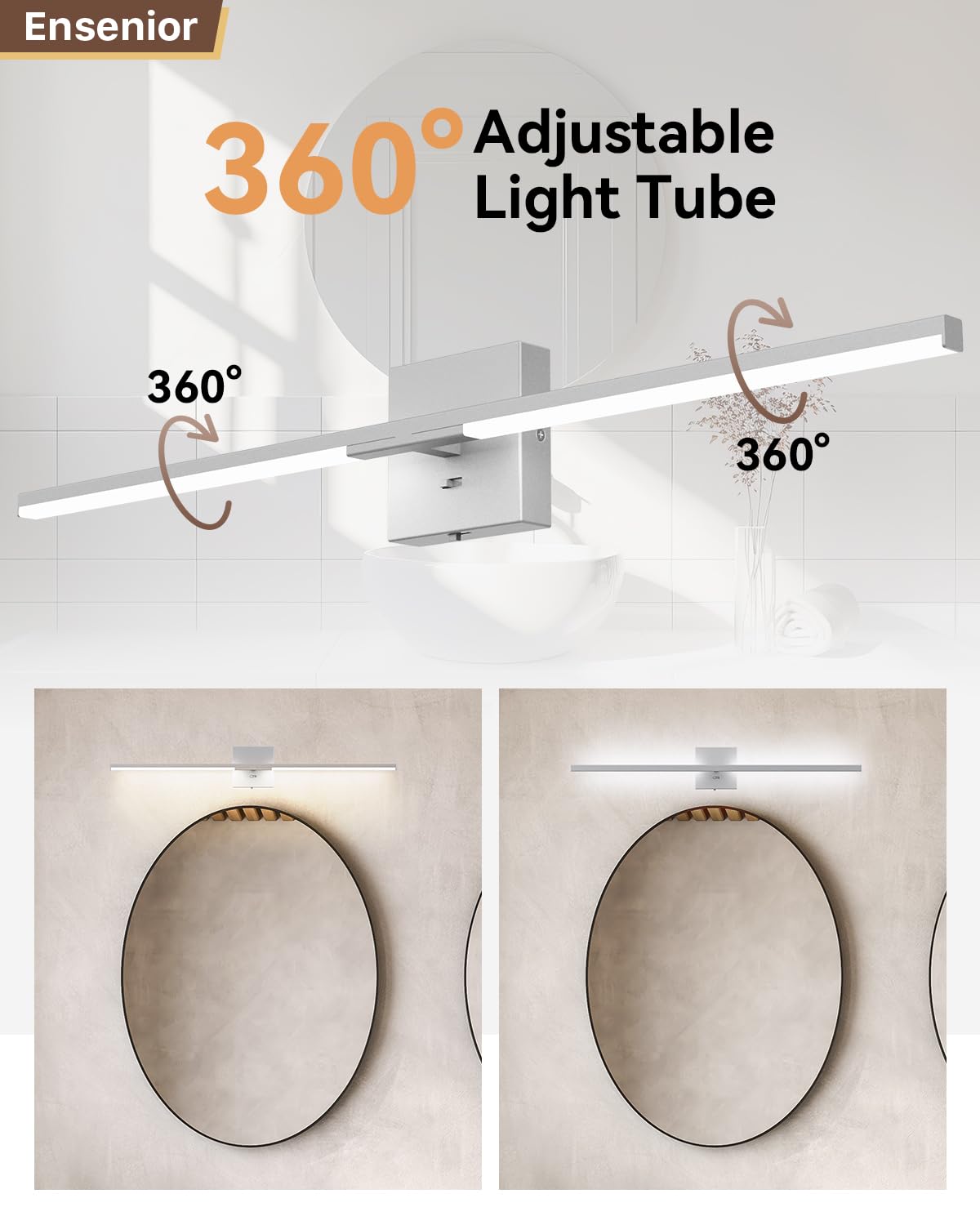 Ensenior Modern Vanity Light 32 Inch, Built-In Dimmer, 20W Dimmable 5Cct Led Light Fixture Over Mirror, Silver Bar For Bathroom