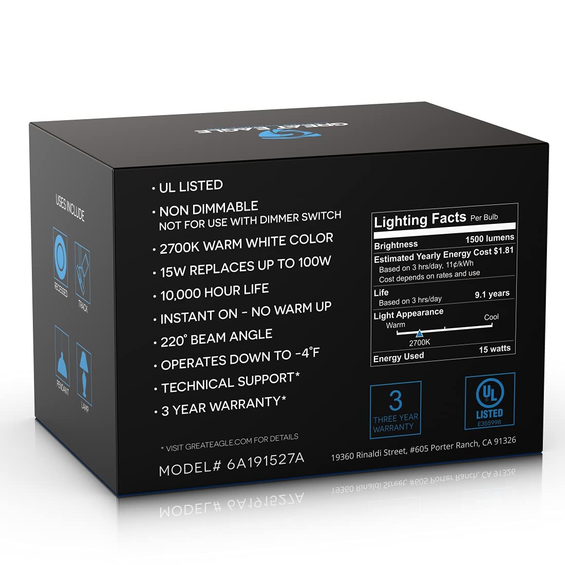 Great Eagle A19 LED Light Bulbs 100W Equivalent, 15W Non-Dimmable, 1500 Lumens, 6 Pack, 2700K Warm White, UL Listed