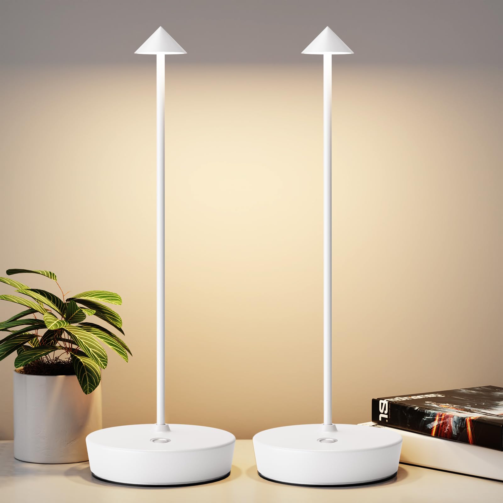 YIBEN Rechargeable Cordless Table Lamp, 6000mAh LED, 3 Levels Brightness, 12.8in H x 4.3in W, 2pack White
