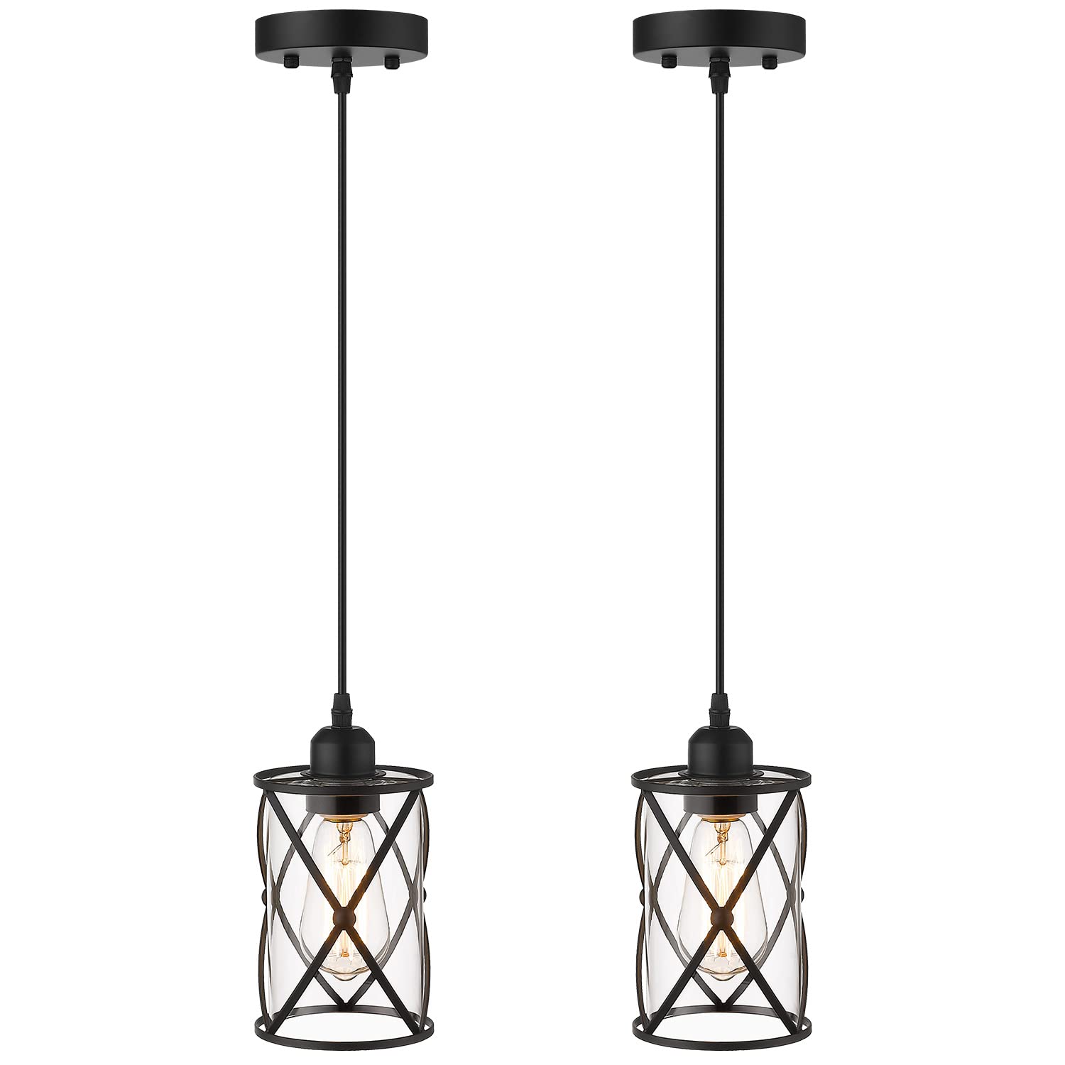 Osimir Glass Pendant Lights 2 Pack, Black Mini Cage Lighting, Clear Glass, Model CH9176
