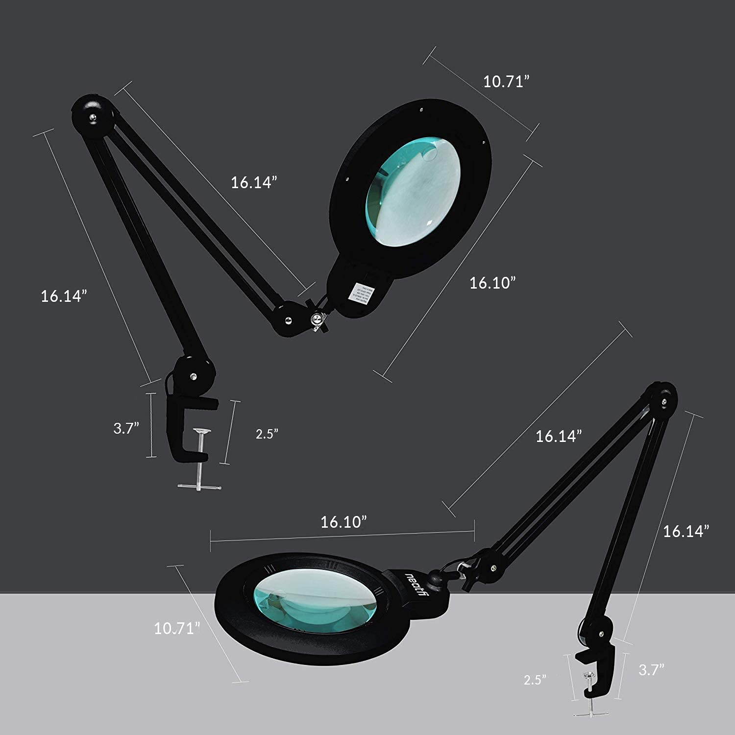Neatfi Xl Bifocal Led Magnifying Lamp, 7-Inch Lens, 5D/20D, Dimmable, Adjustable Arm, Black, With Clamp