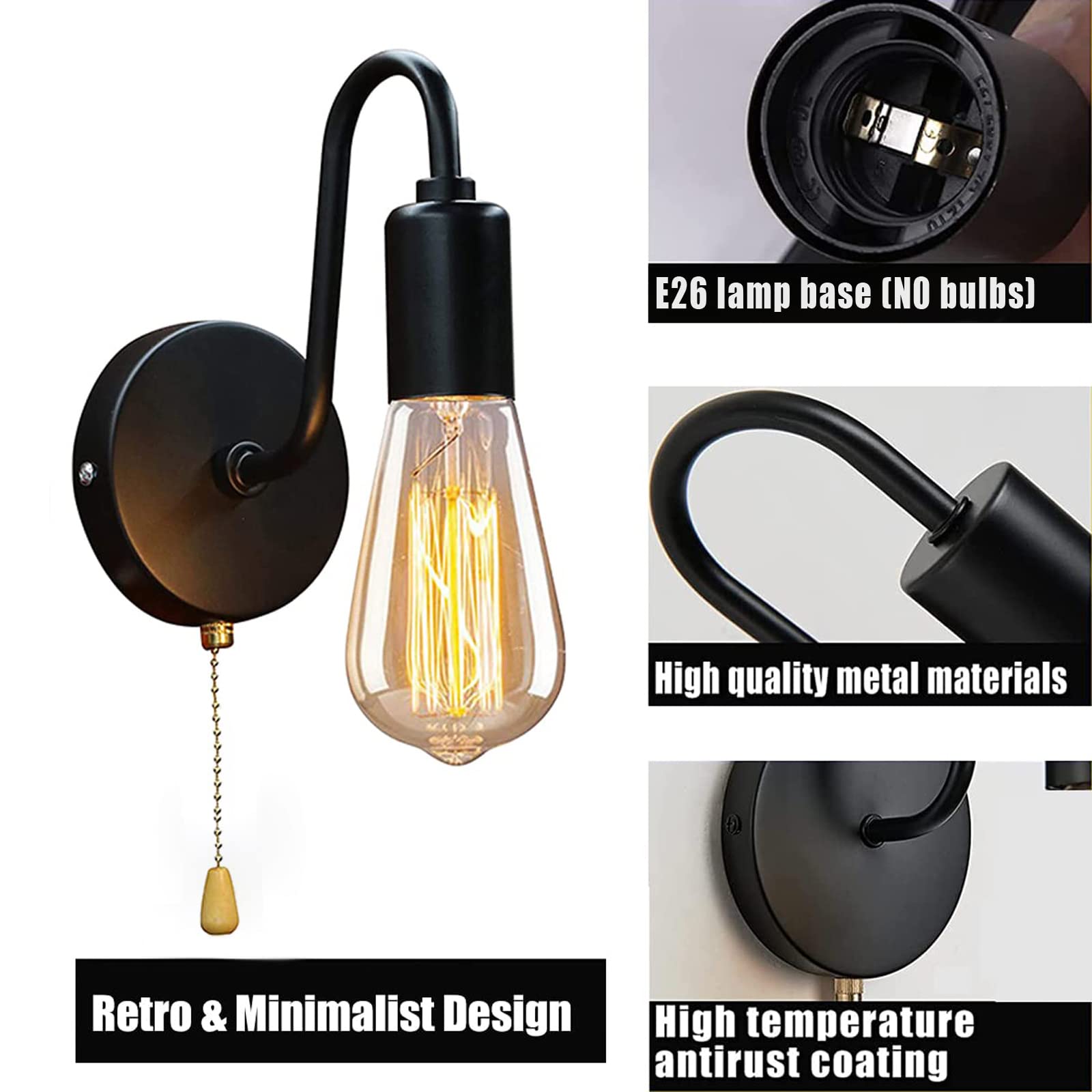 Jzcdr Vintage Pull Chain Wall Light Fixtures With On Off Switch, Hardwired Wall Sconce Set Of 2 Retro Black E26 Wall Sconces Indoor Wall Lamps For Bedrooms Living Room Kitchen