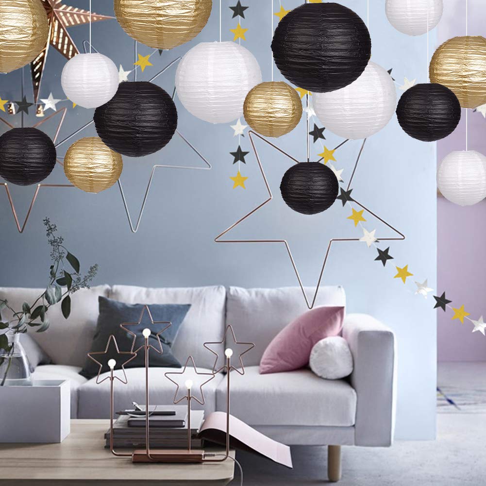 zilue Paper Lanterns 15pcs Decorative Party Supplies Black/Gold for Wedding, Graduation, Anniversary, Birthday - Model PL100306