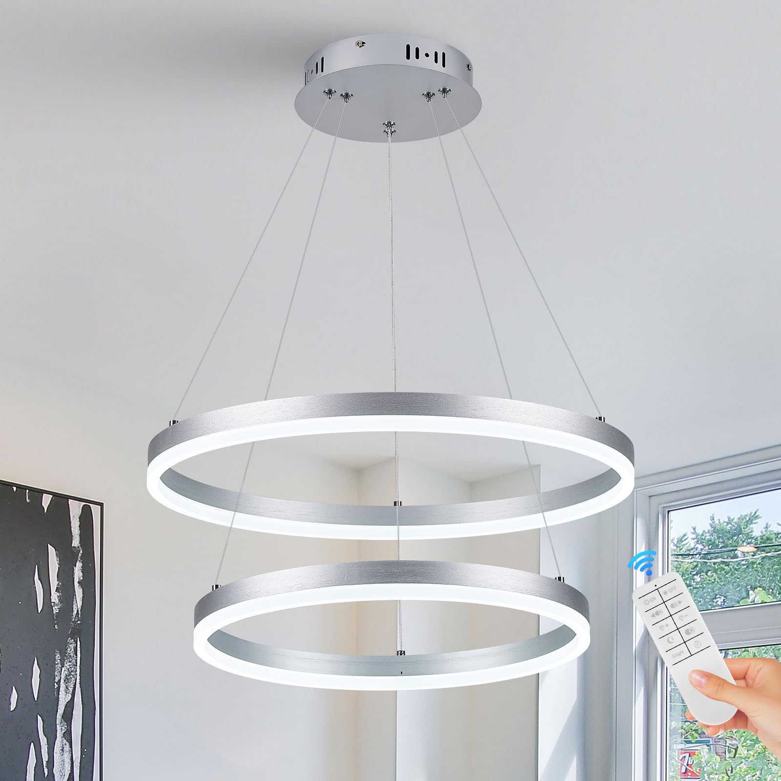 Benkut 2-Rings Modern Led Chandelier Silver For Dining Room, Circular Flush Mount Ceiling Chandelier Light Dimmable Pendant Light With Remote Control For Living Room Entrance Foyer, 3000K-6500K