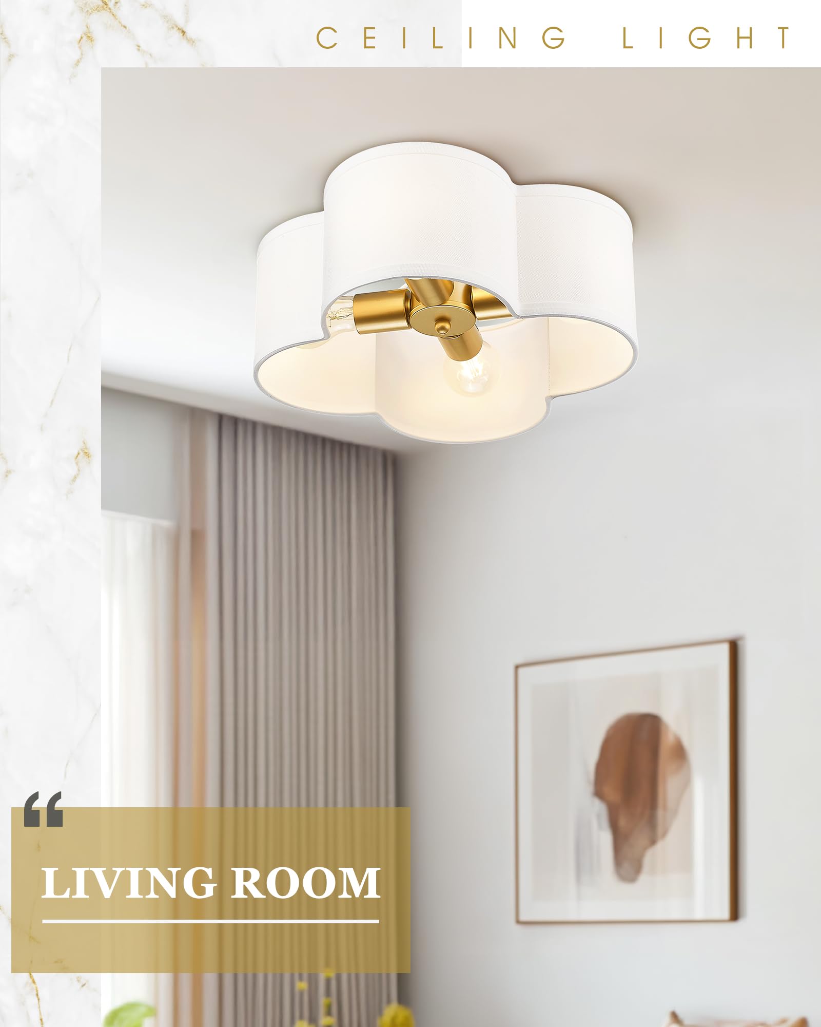 Audickic Gold Flush Mount Ceiling Light, 4-Light 14Inch Light Fixtures Ceiling Mount With Fabric Shade In Quatrefoil Shape, Bras