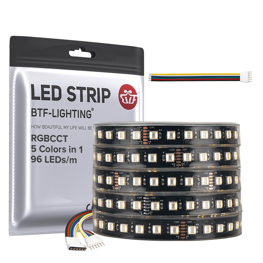 BTF-LIGHTING RGBCCT LED Tape Lights, 5050SMD, 16.4ft, 480LED, IP67, Black PCB, DC24V, Dimmable